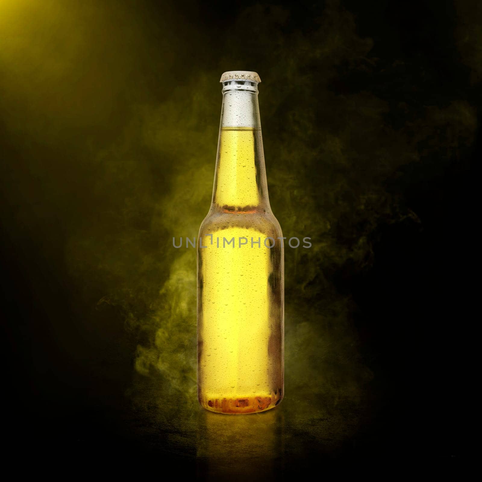 Beer bottle with water drops on the color smoke background. 3d render