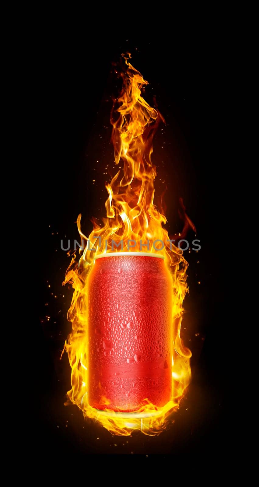 Cold drink cans in flames. Refreshing drink concept for summer. 3d render