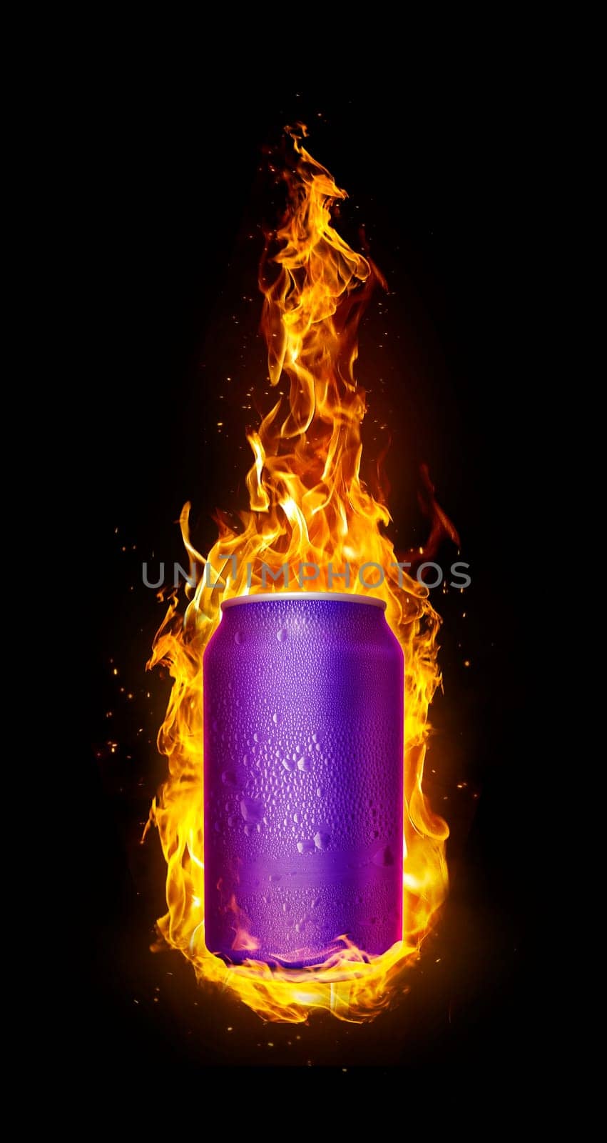 Cold drink cans in flames. Refreshing drink concept for summer. 3d render