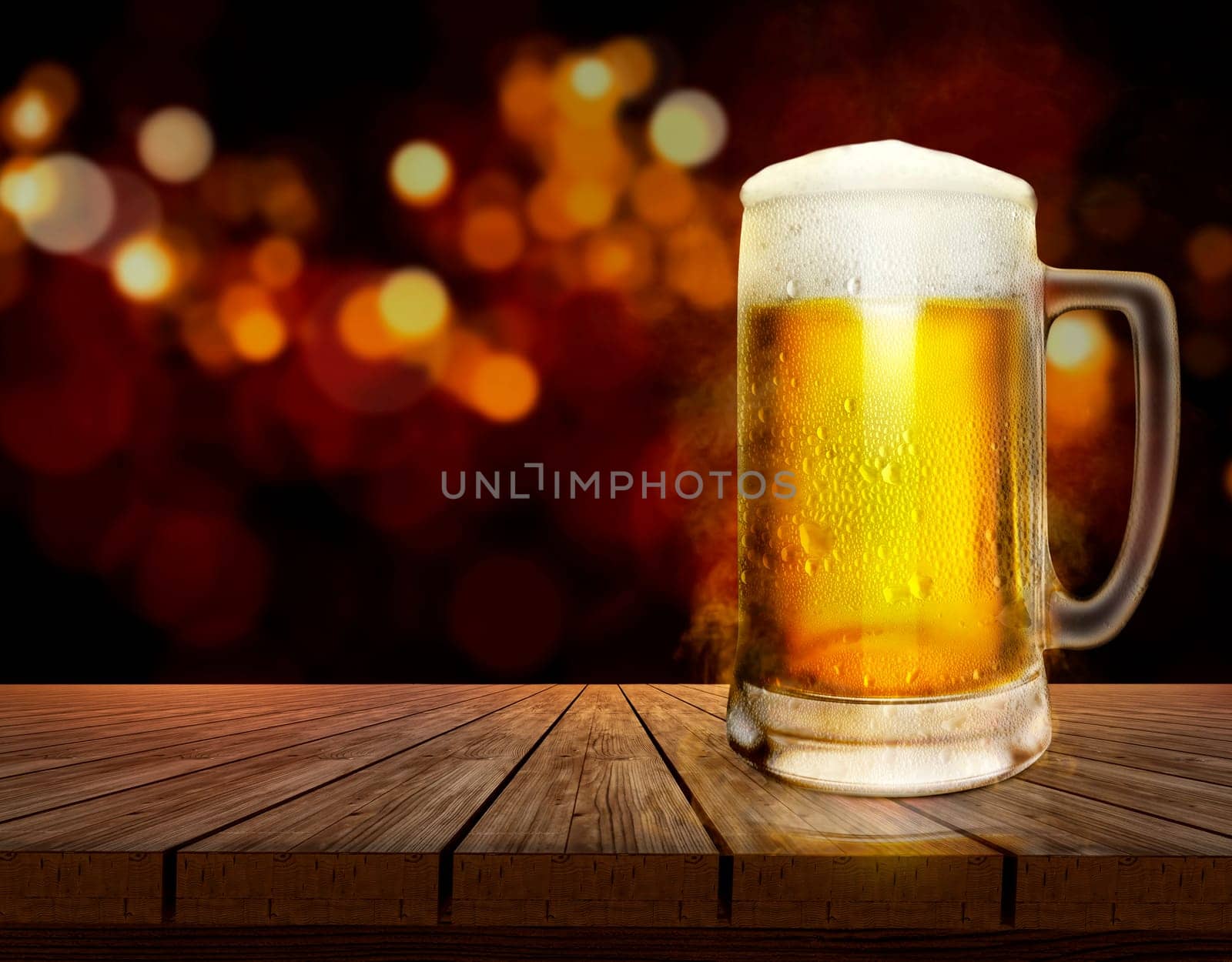 beer glass with water drops on wooden table shining bokeh background. 3d render