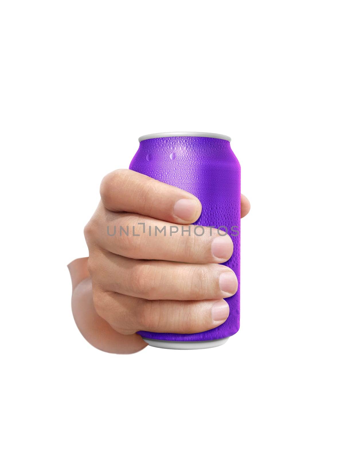 Man holding aluminum can with water droplets isolated on white background