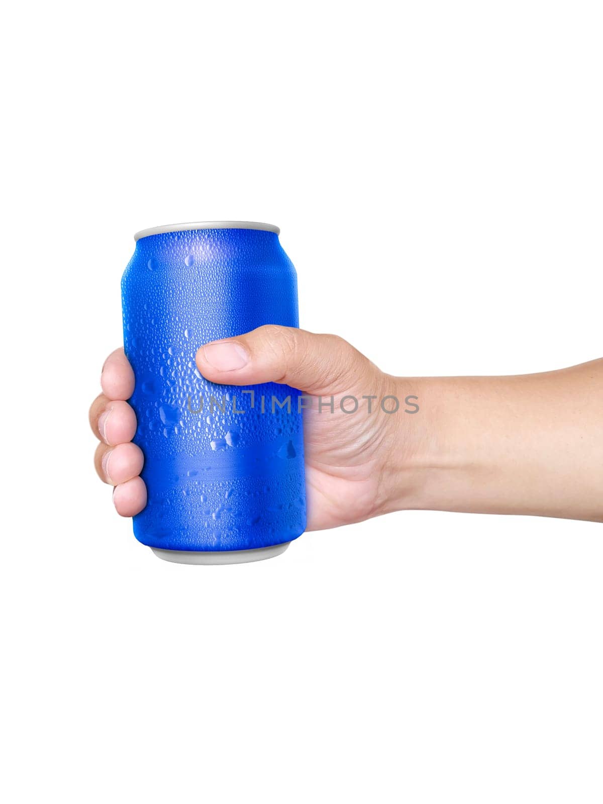 Man holding aluminum can with water droplets isolated on white background