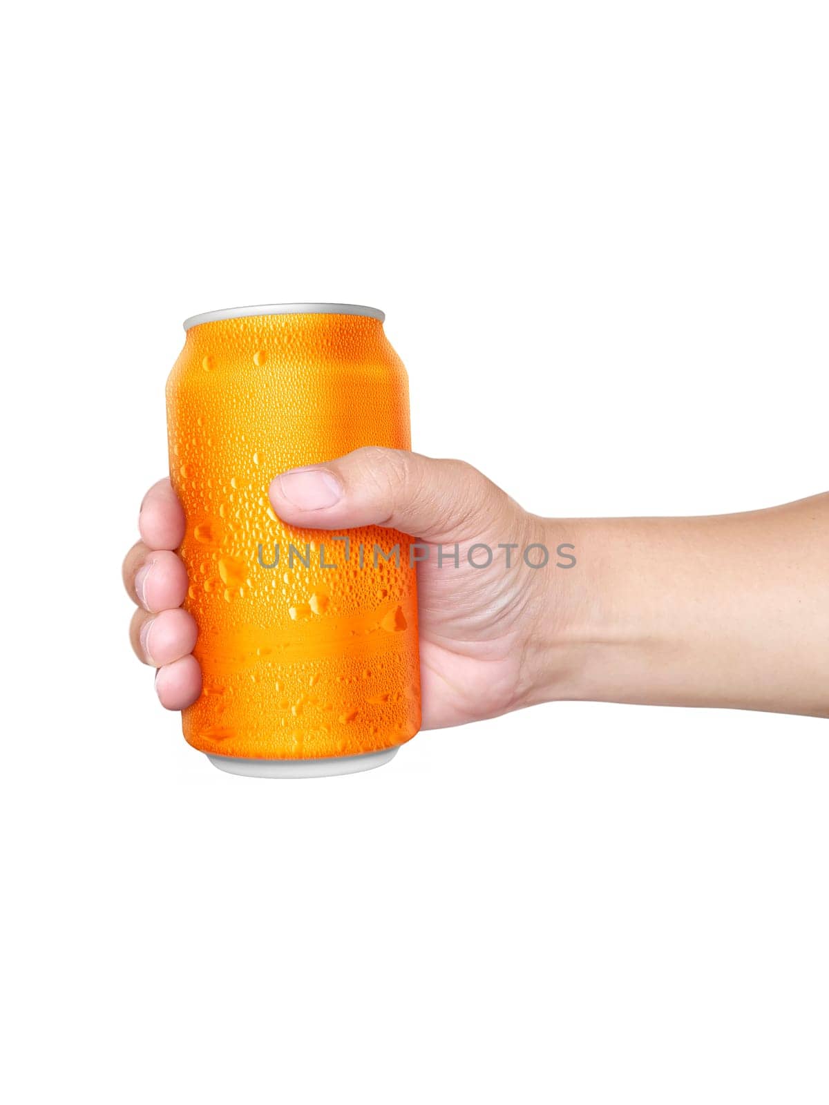 Man holding aluminum can with water droplets isolated on white background