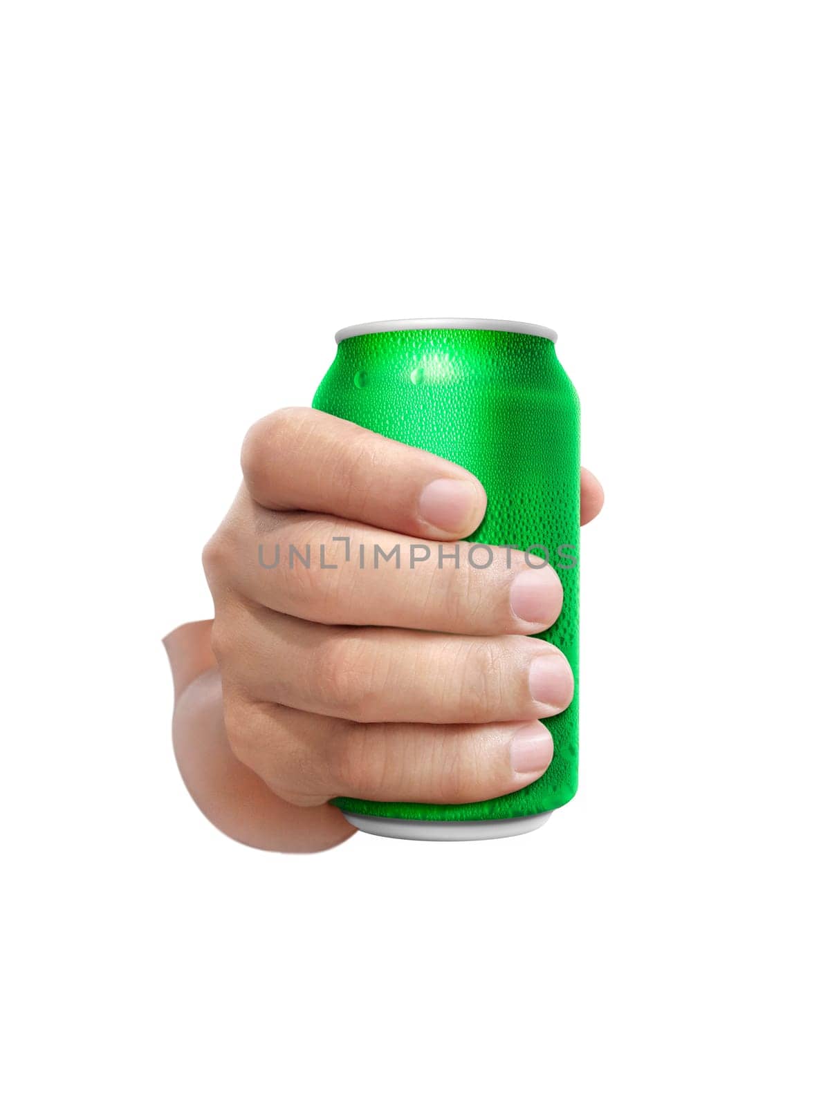 Man holding aluminum can with water droplets isolated on white background