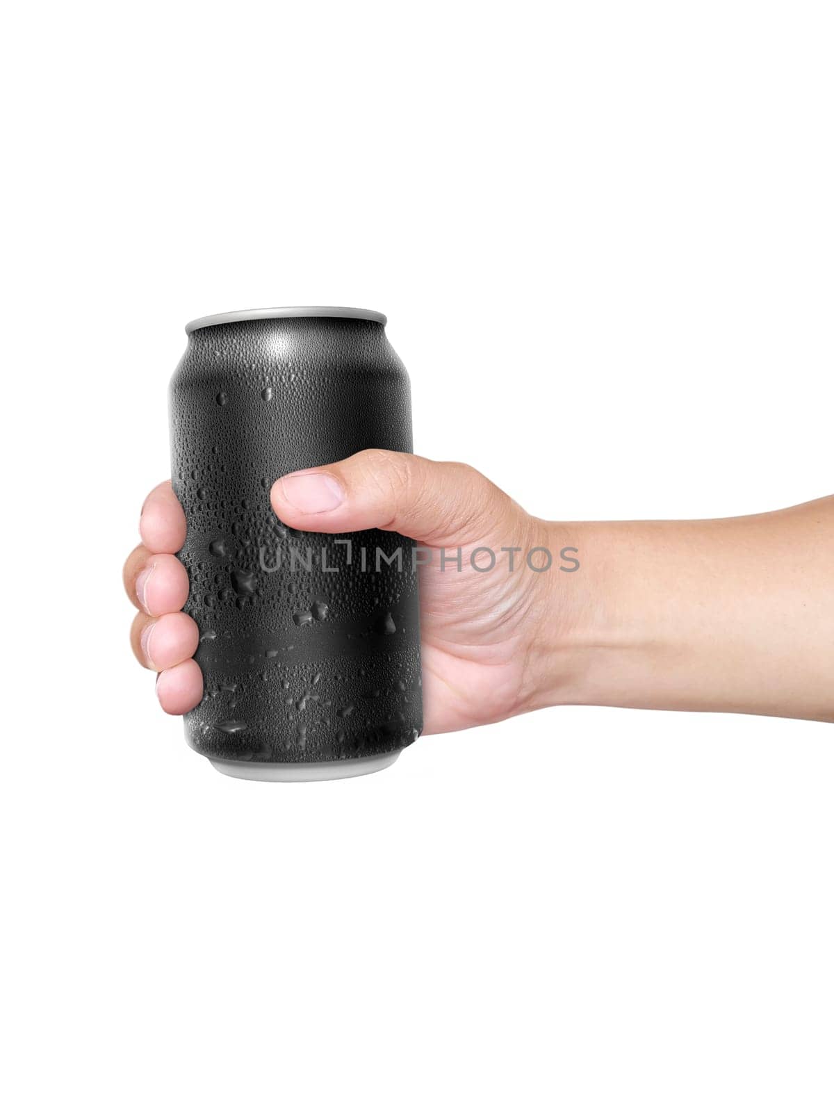 Man holding aluminum can with water droplets isolated on white background