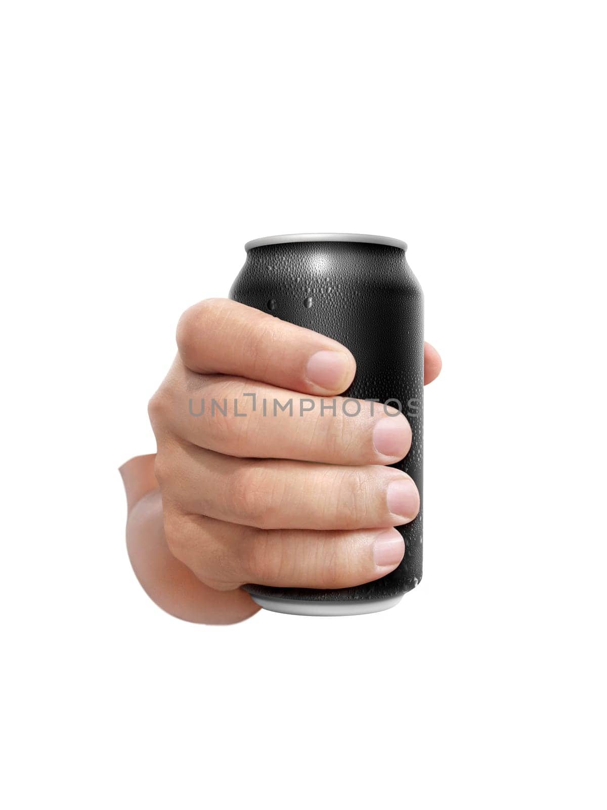 Man holding aluminum can with water droplets isolated on white background