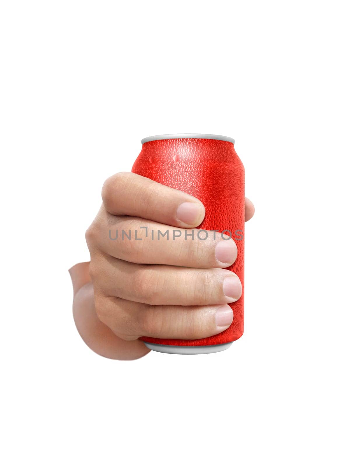 Man holding aluminum can with water droplets isolated on white background