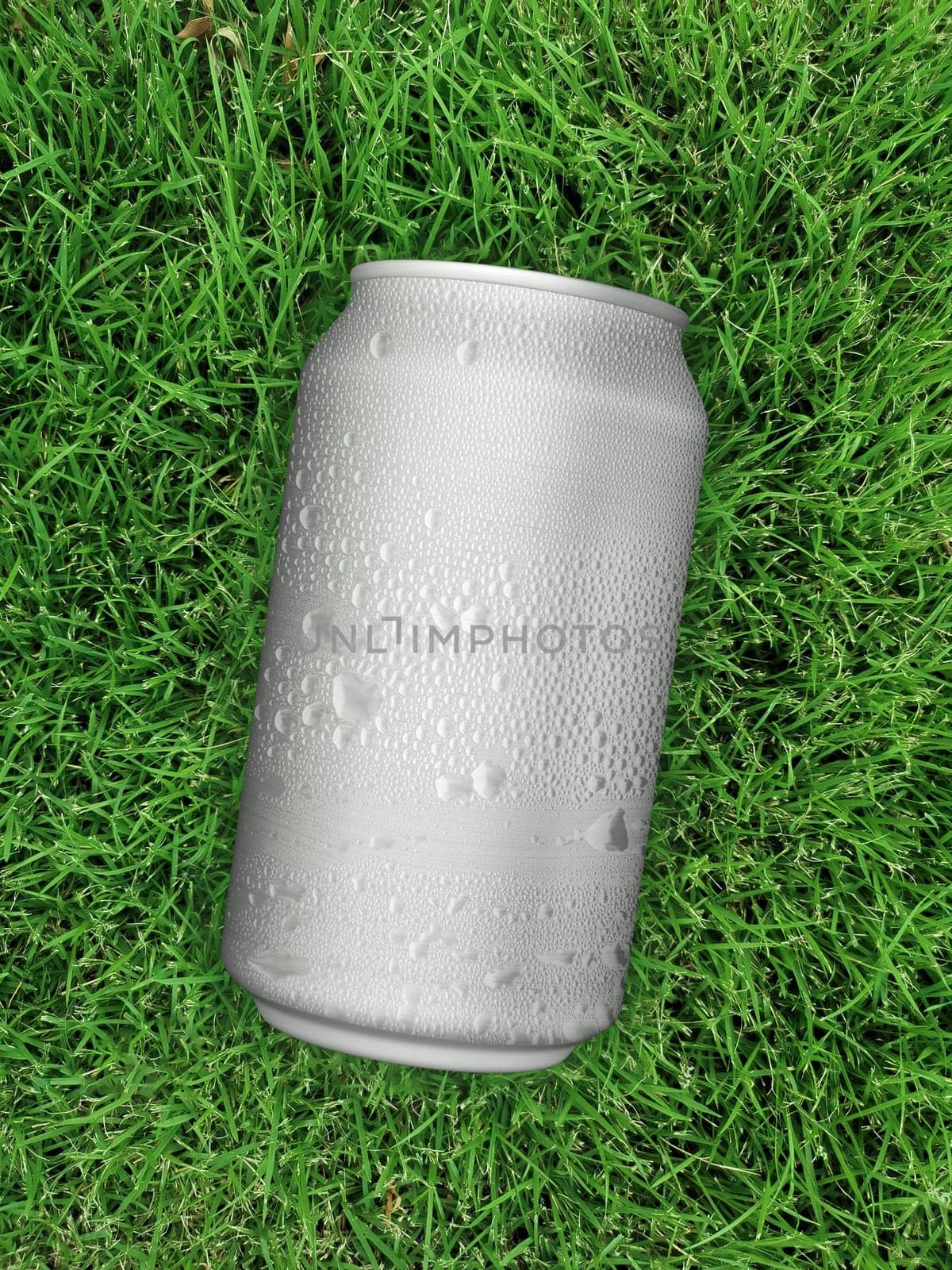 Top view. of Aluminum can with water droplets on grass green