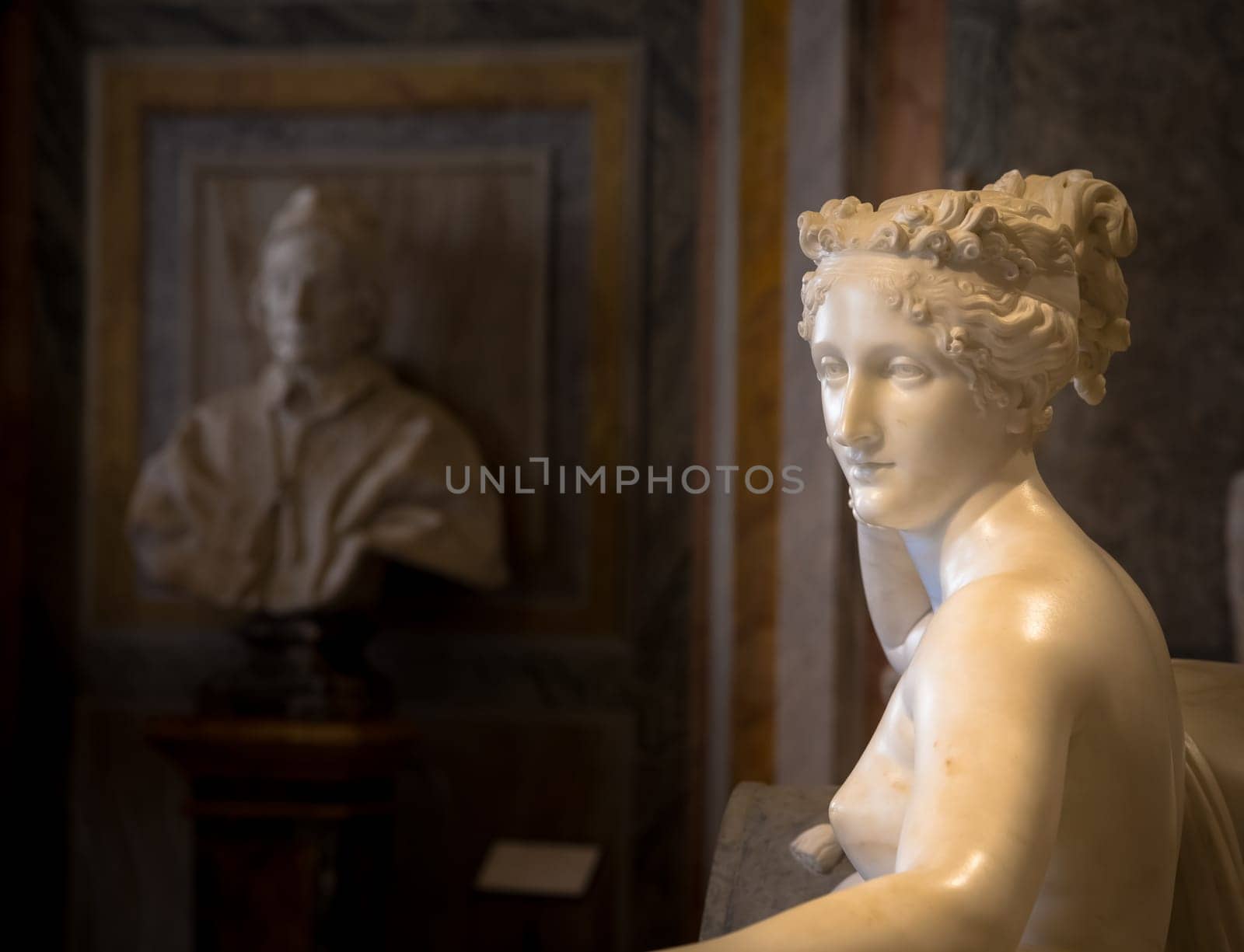 ROME, ITALY - AUGUST 24, 2018: detail of Antonio Canova's Statue of Pauline Bonaparte, his masterpiece located in Villa Borghese