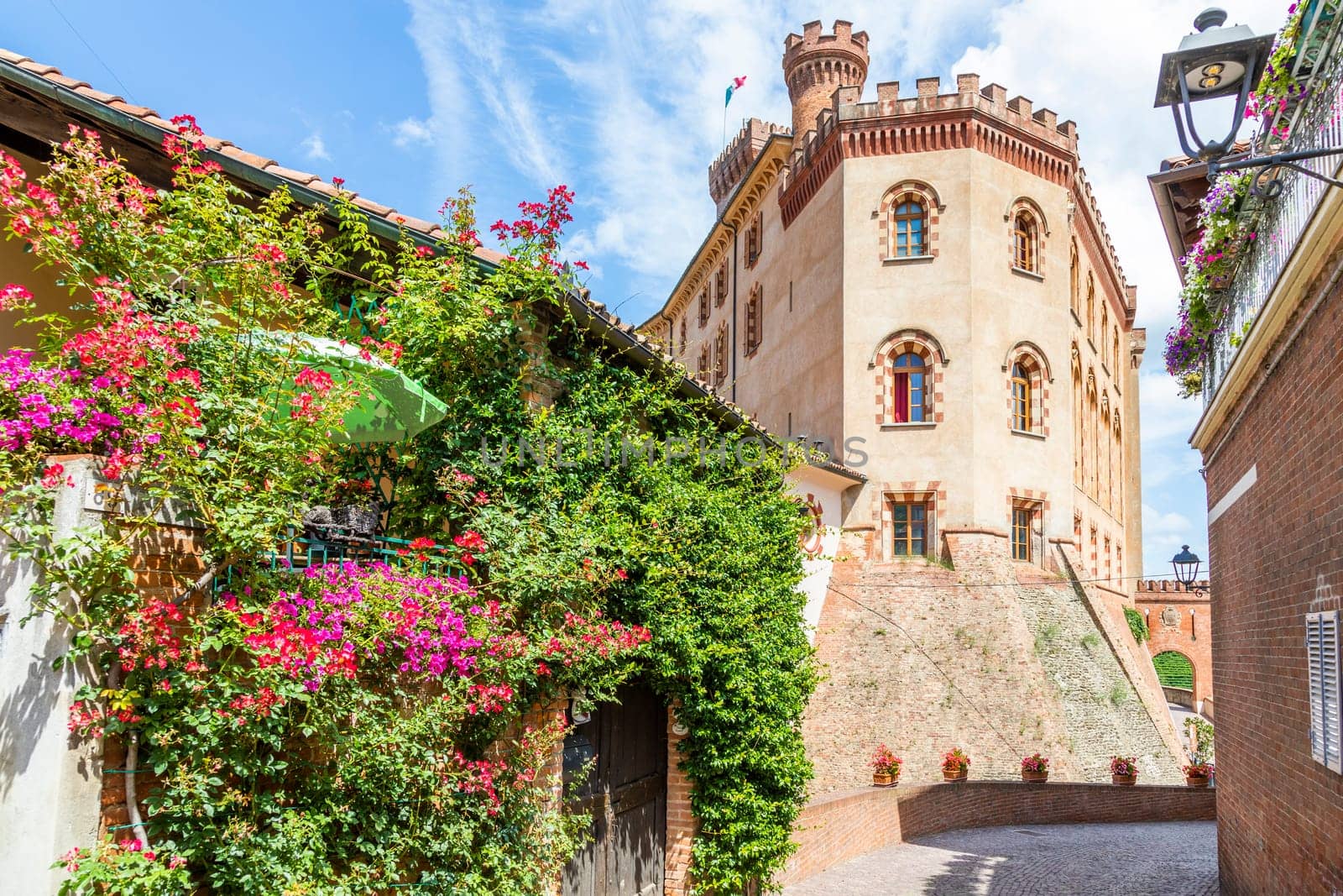 Barolo, Italy - Circa August 2021: Barolo castle. The Barolo village is Unesco site.