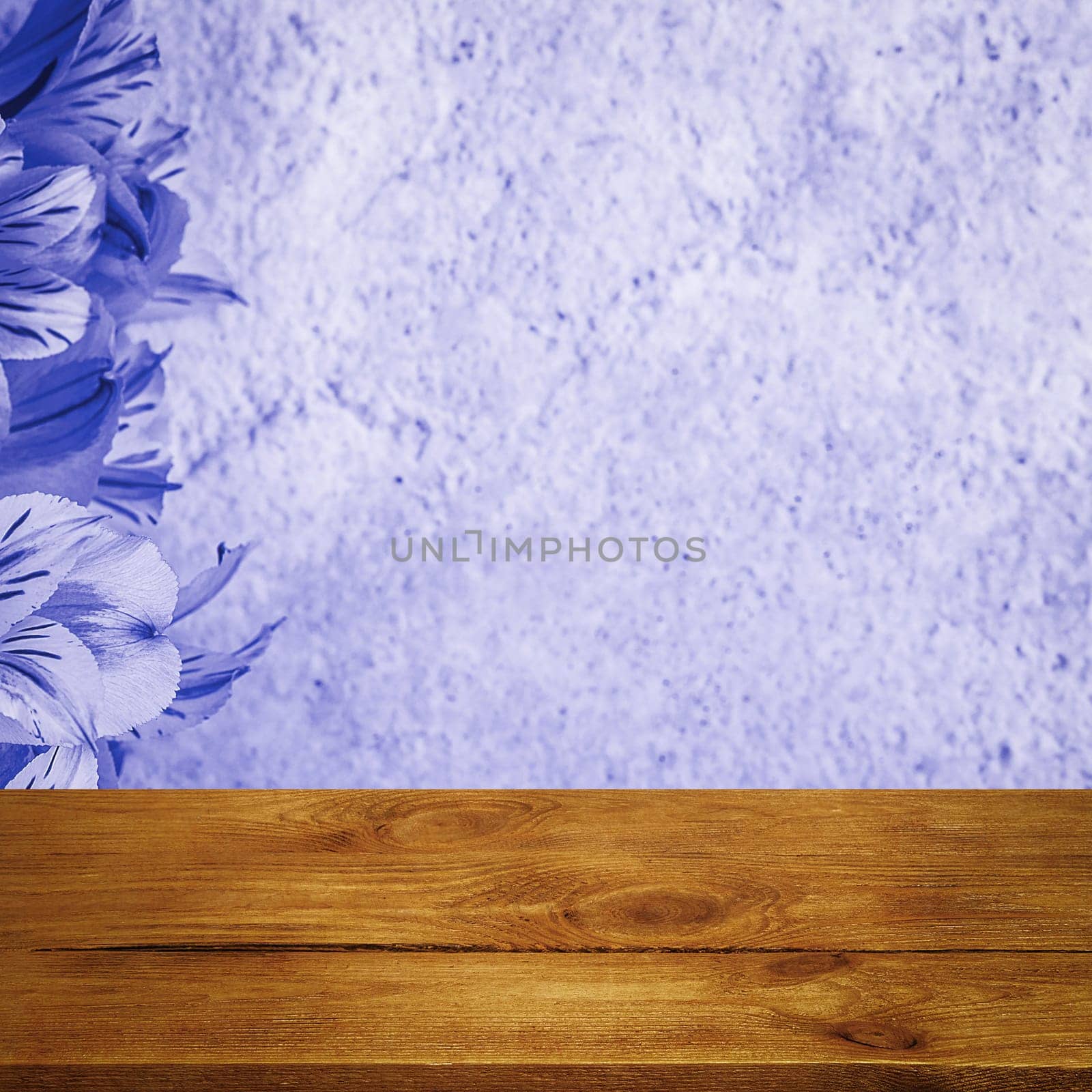 Background flowers on a textured stucco wall and blank wooden planks in the foreground. For product demonstrations, free space, layout, mockup, perspective board, background board.