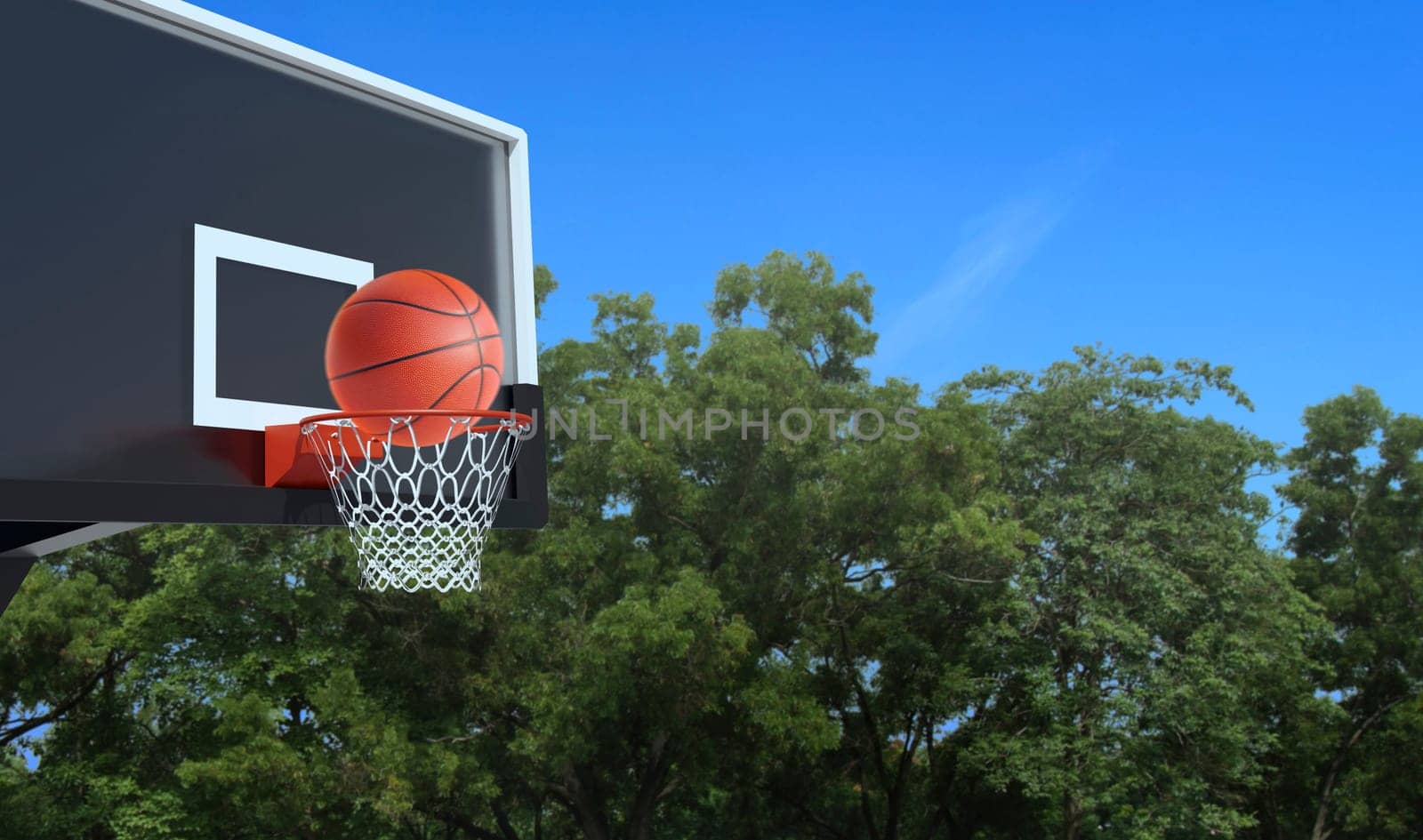 Ball for basketball and basketball hoop on white background. Hitting the ball in the basket