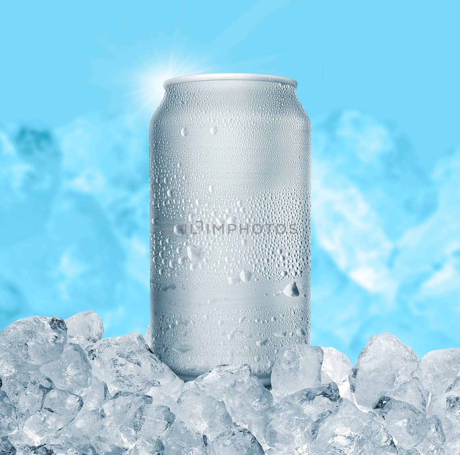 Aluminum Tin Can with ice cubes on blue background. Blank metallic can drink beer soda water juice packaging