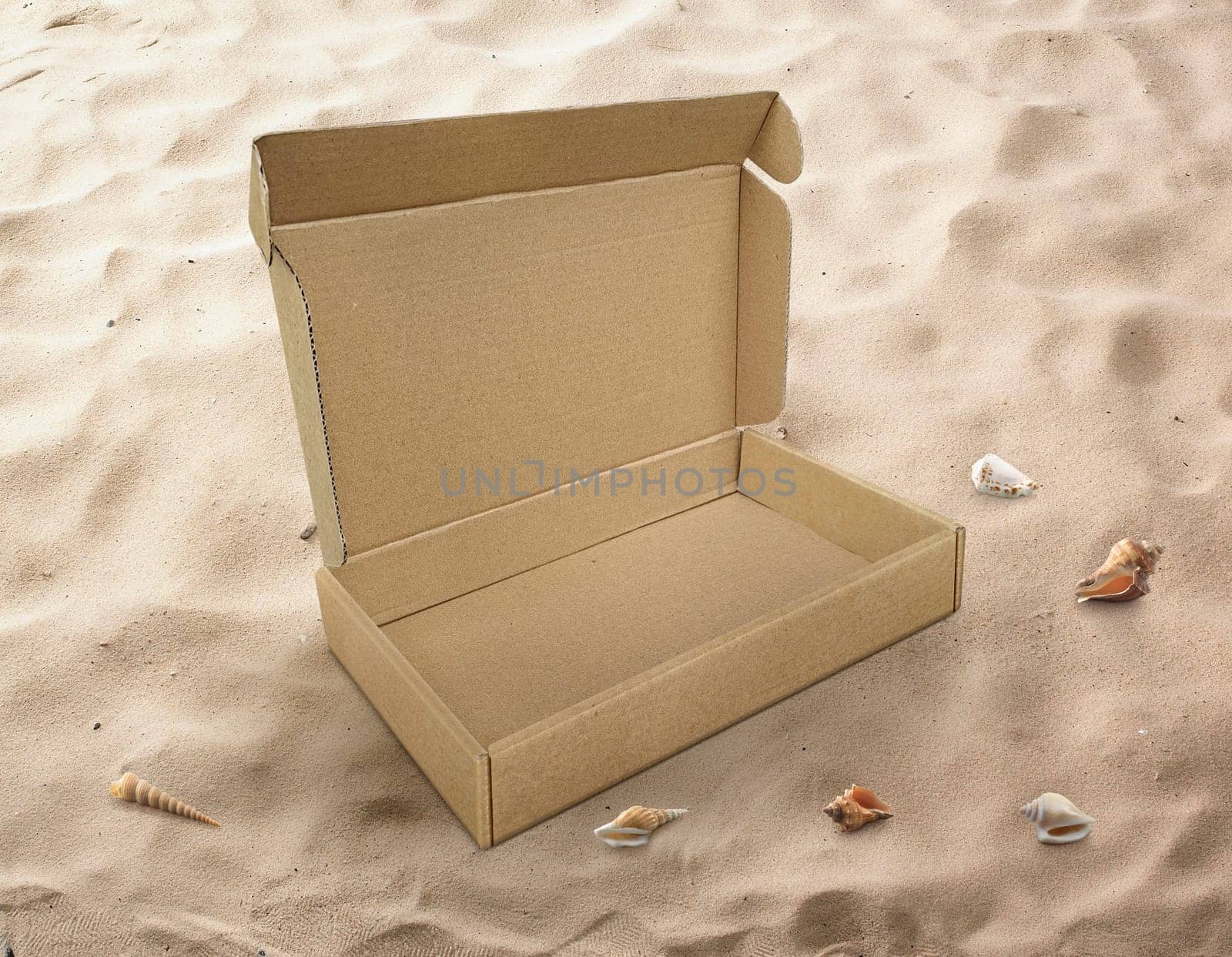 Brown cardboard box On The Beach With Sun Beam
