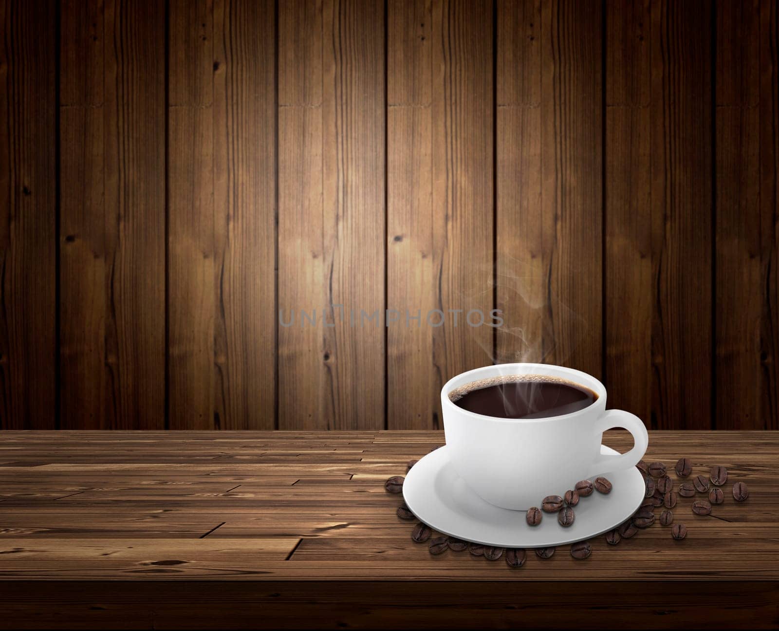 Coffee cup and beans, on a wooden table with smoke