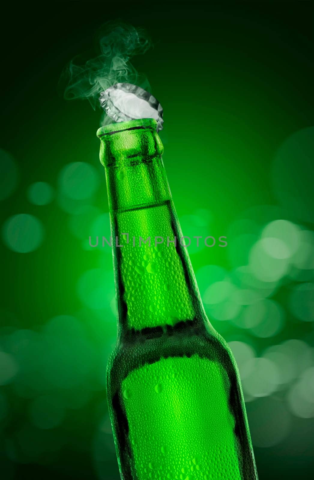 Cold wet open beer bottle with smoke on green bokeh background. 3d render