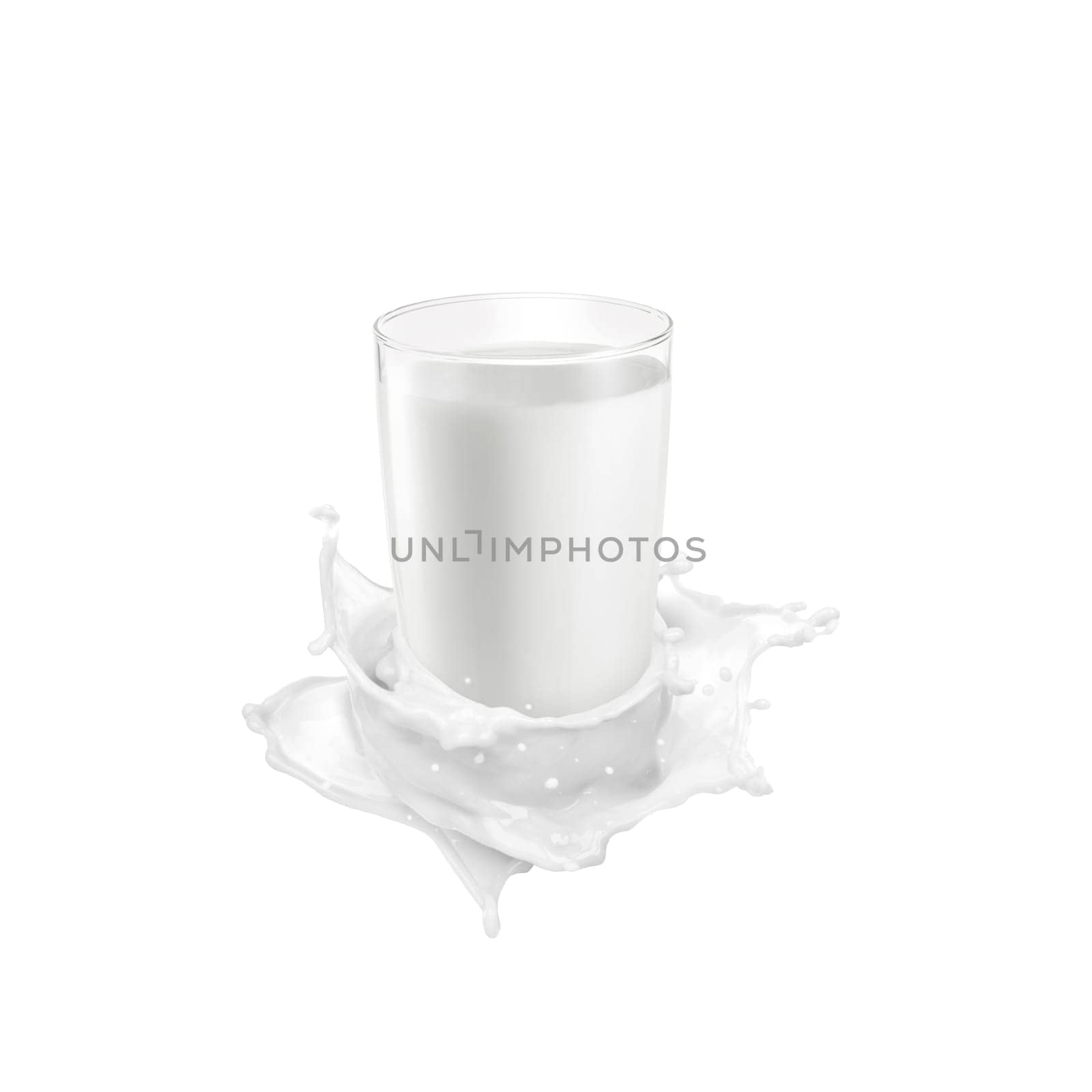 Glass of milk on milk splashes on white background