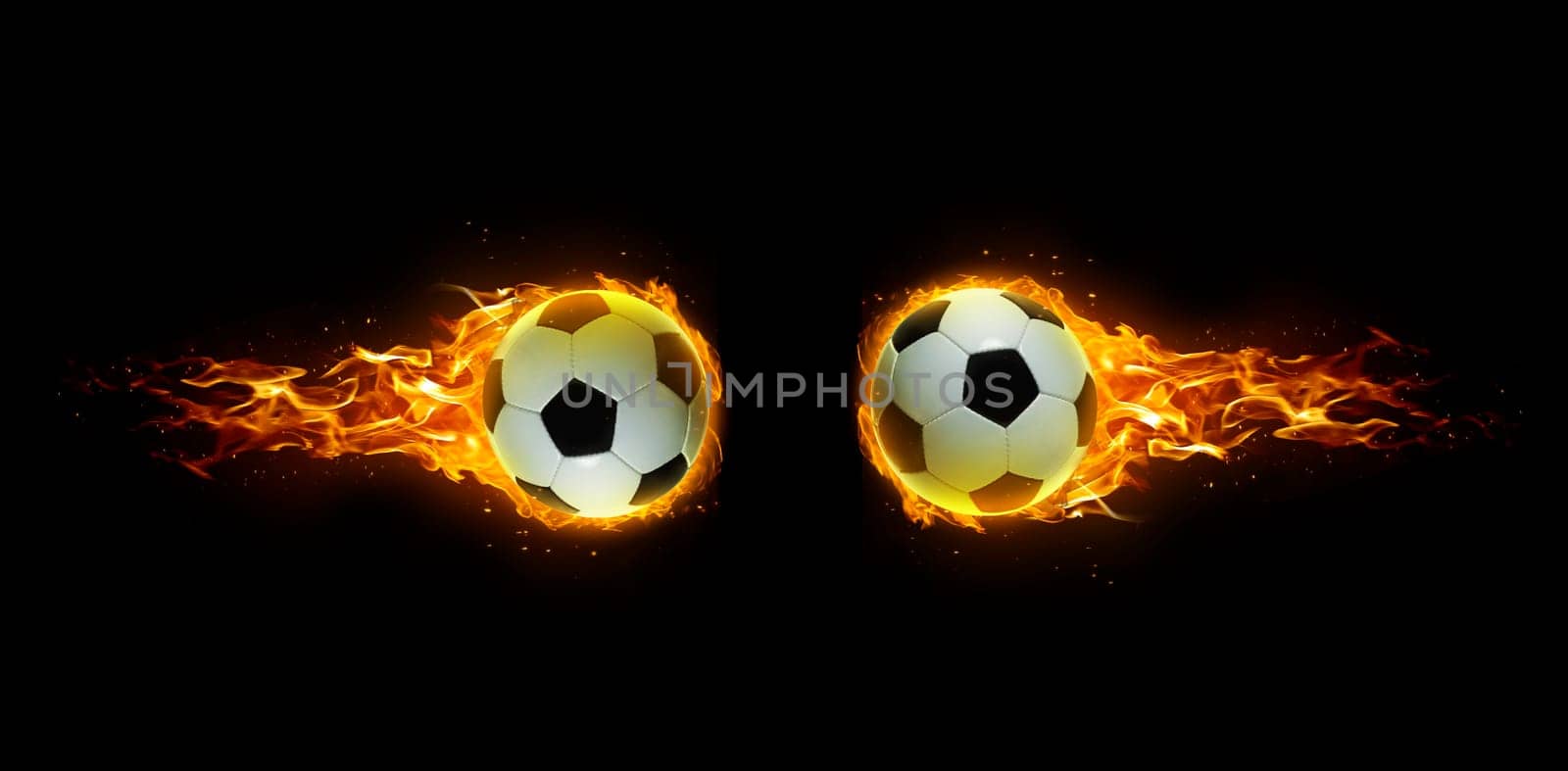 Flying football or soccer ball on fire. Isolated on black background