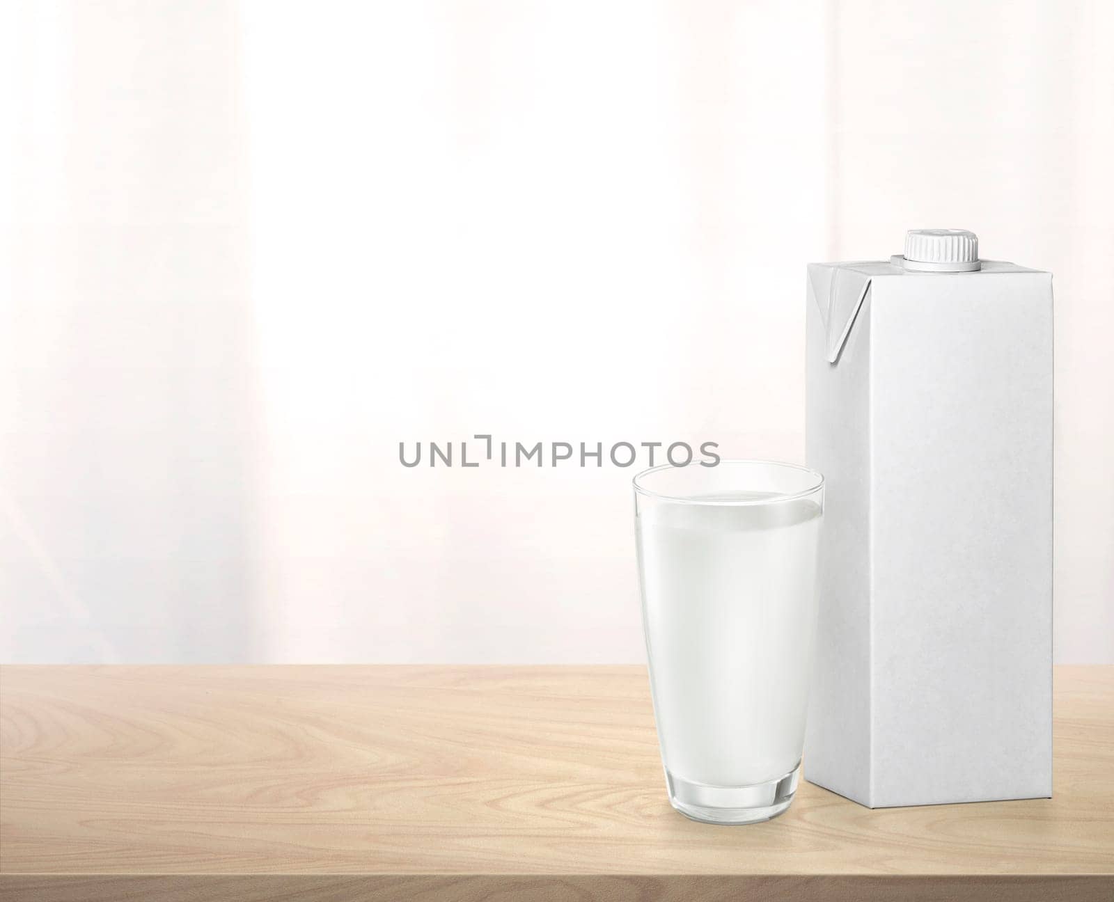 Milk in glass and milk box on wooden table on white background
