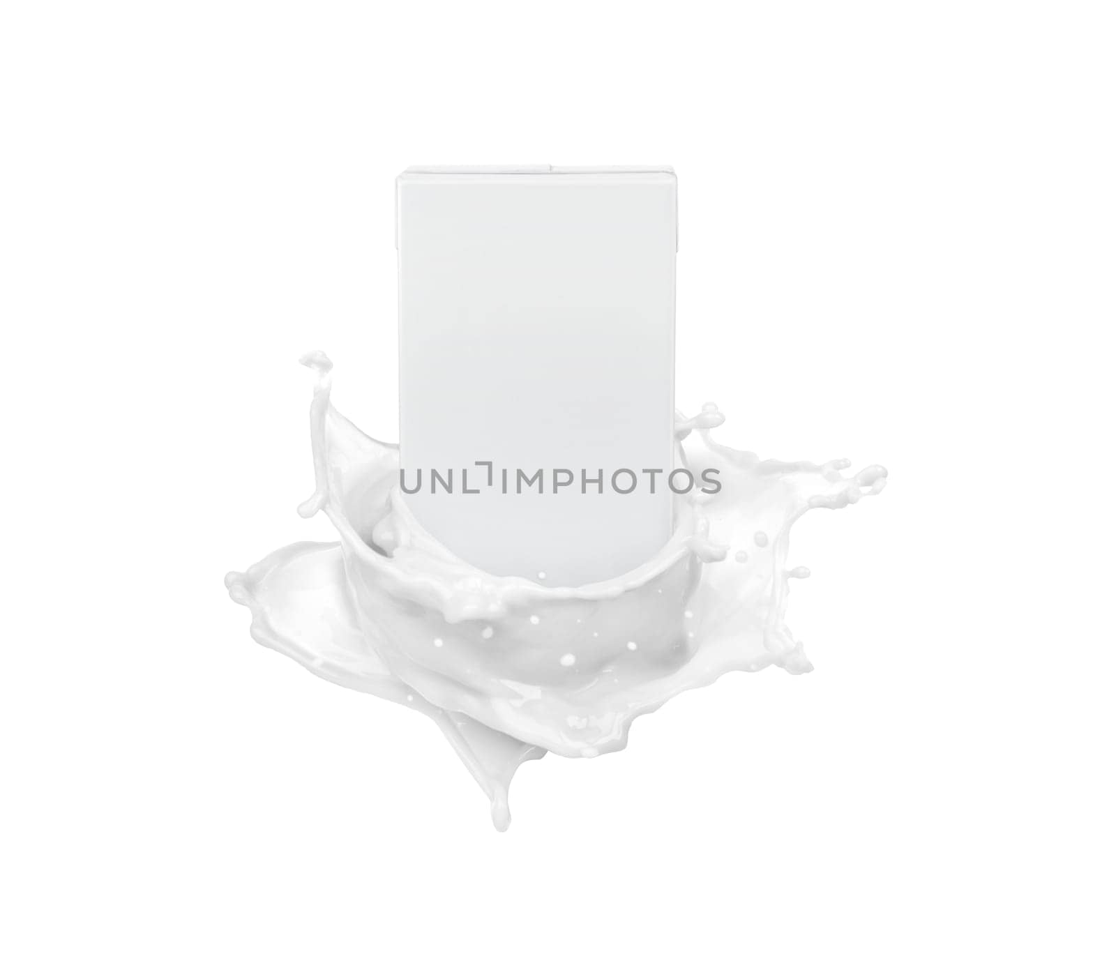 Milk carton packaging and milk splashes isolated on white background