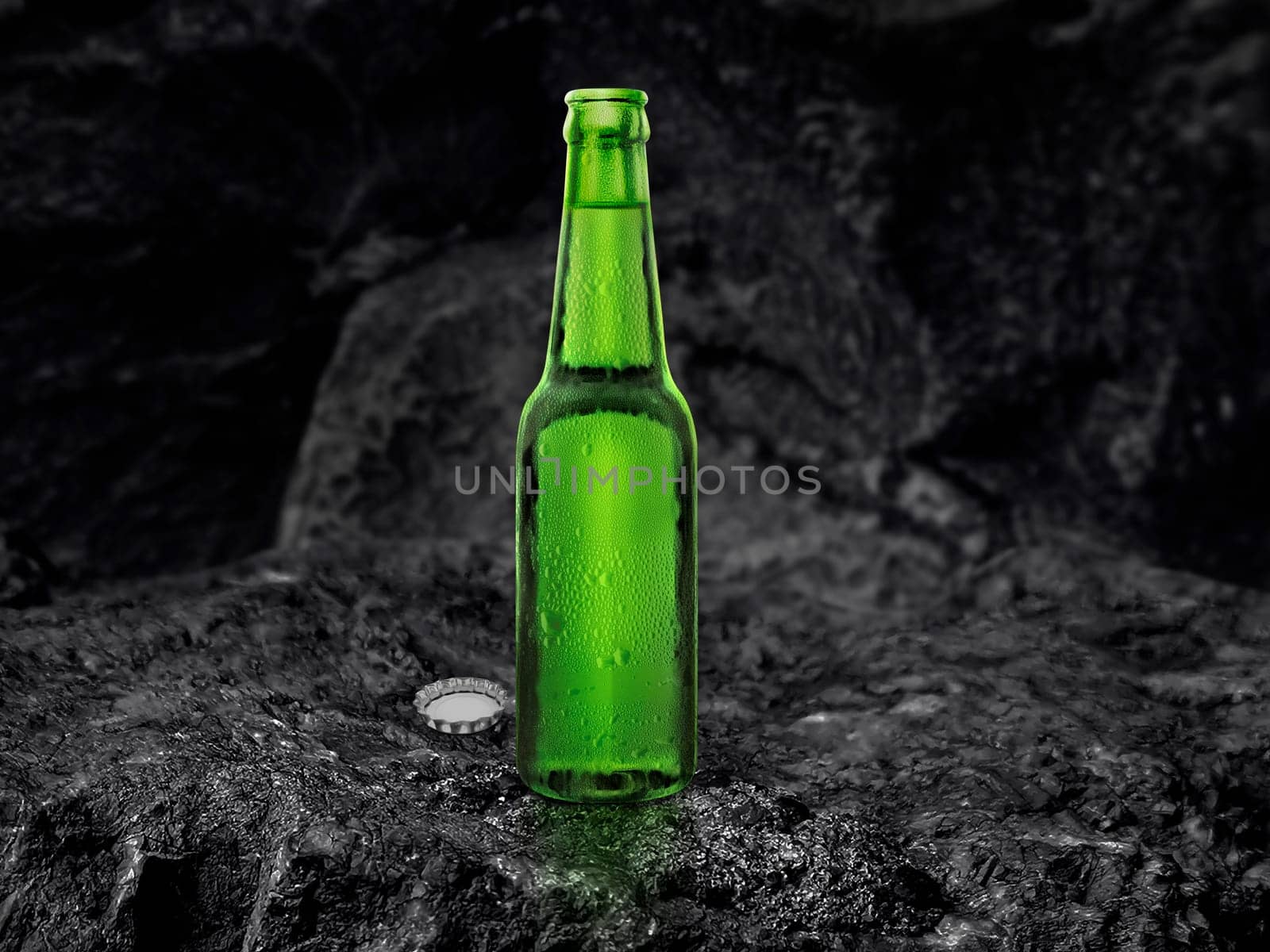 green beer bottle with dropper on black coal background
