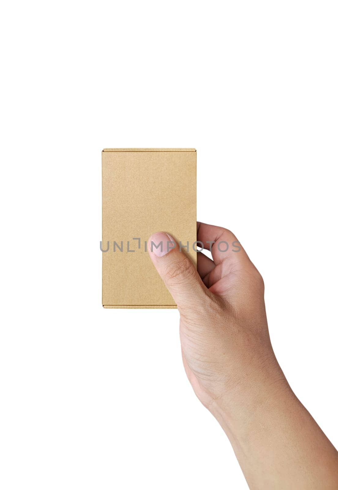 hand holding brown paper box package isolated on white background