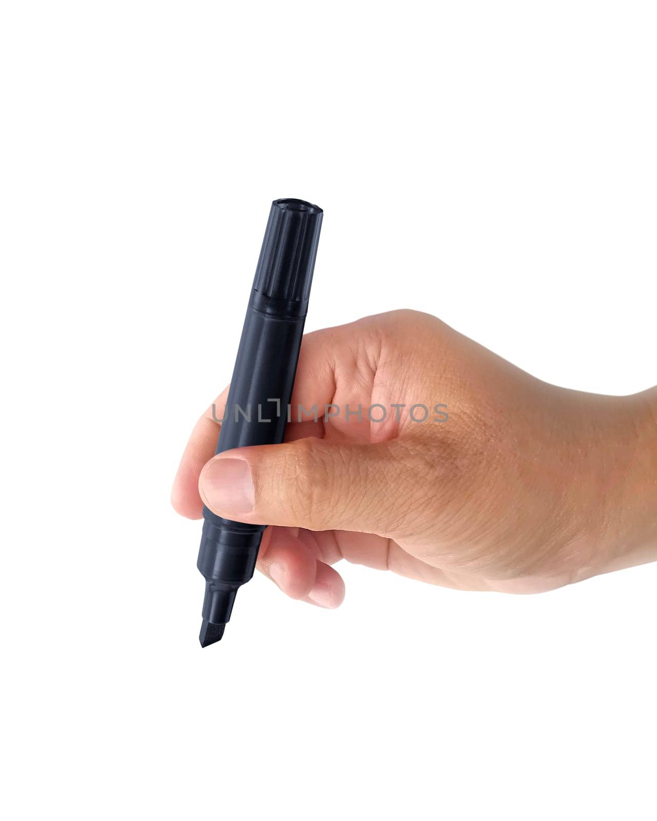 Man hand holding black magic pen on white