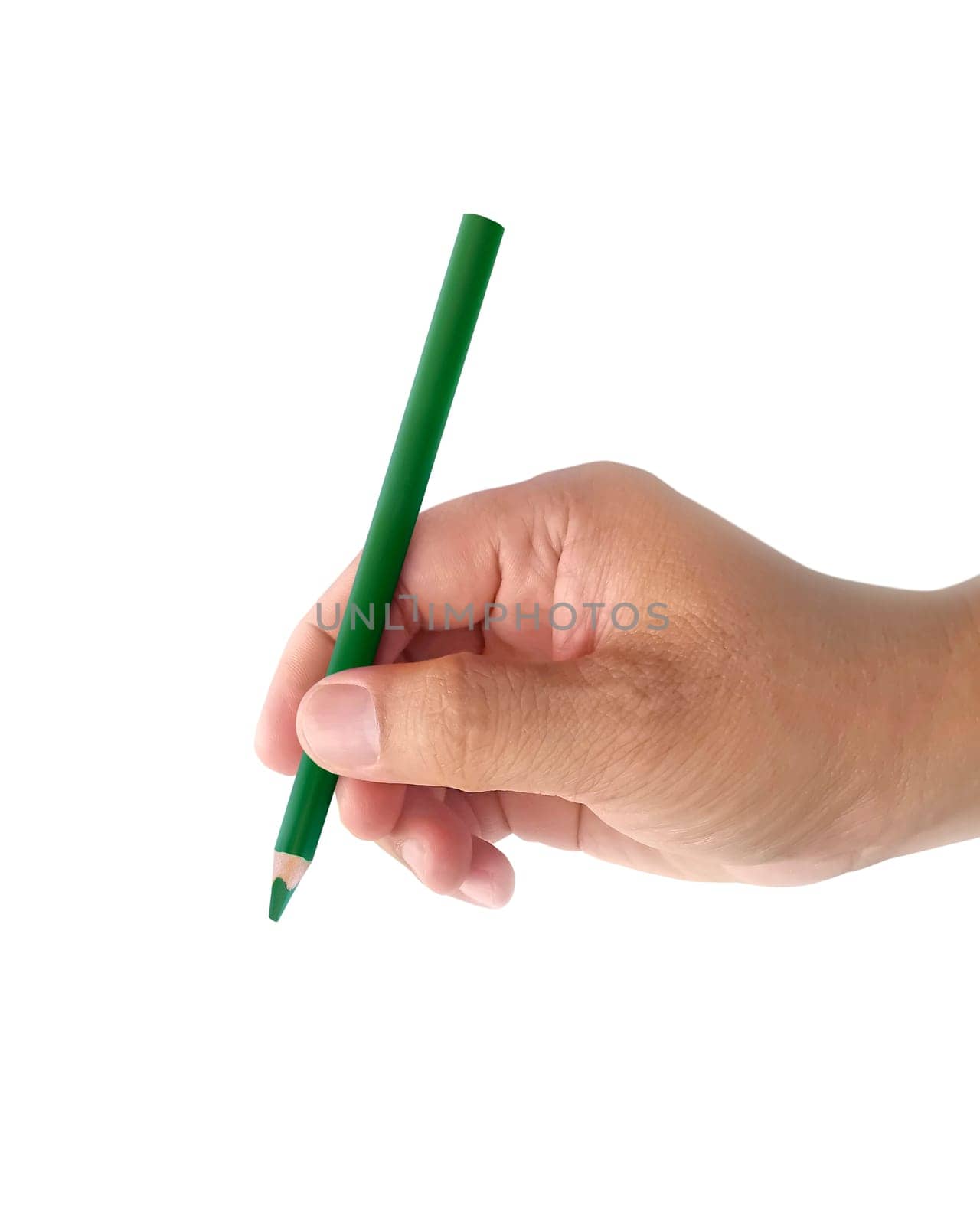 hand holding crayon isolated on white background