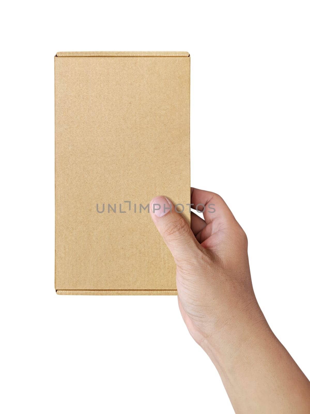 hand holding brown paper box package isolated on white background