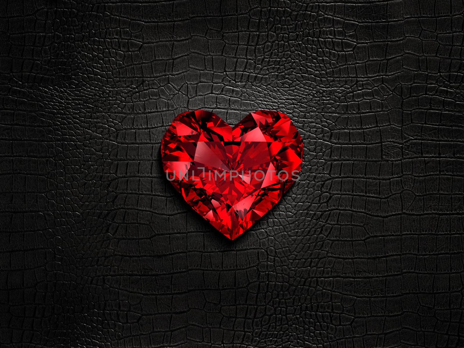 Red heart shaped diamond, on a black leather background