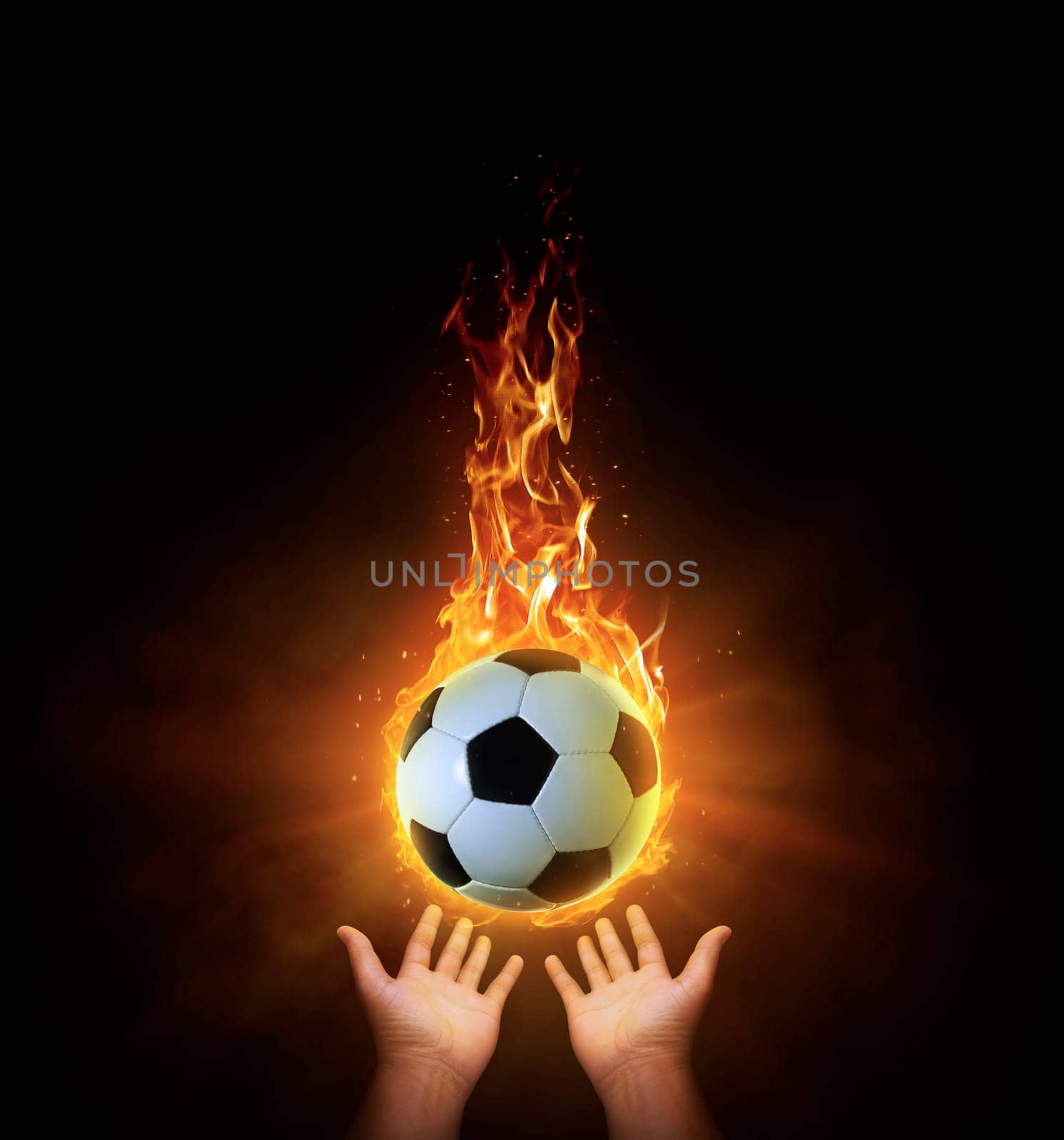 soccer ball ball. on black background with smoke, yellow orange red white colored back lights