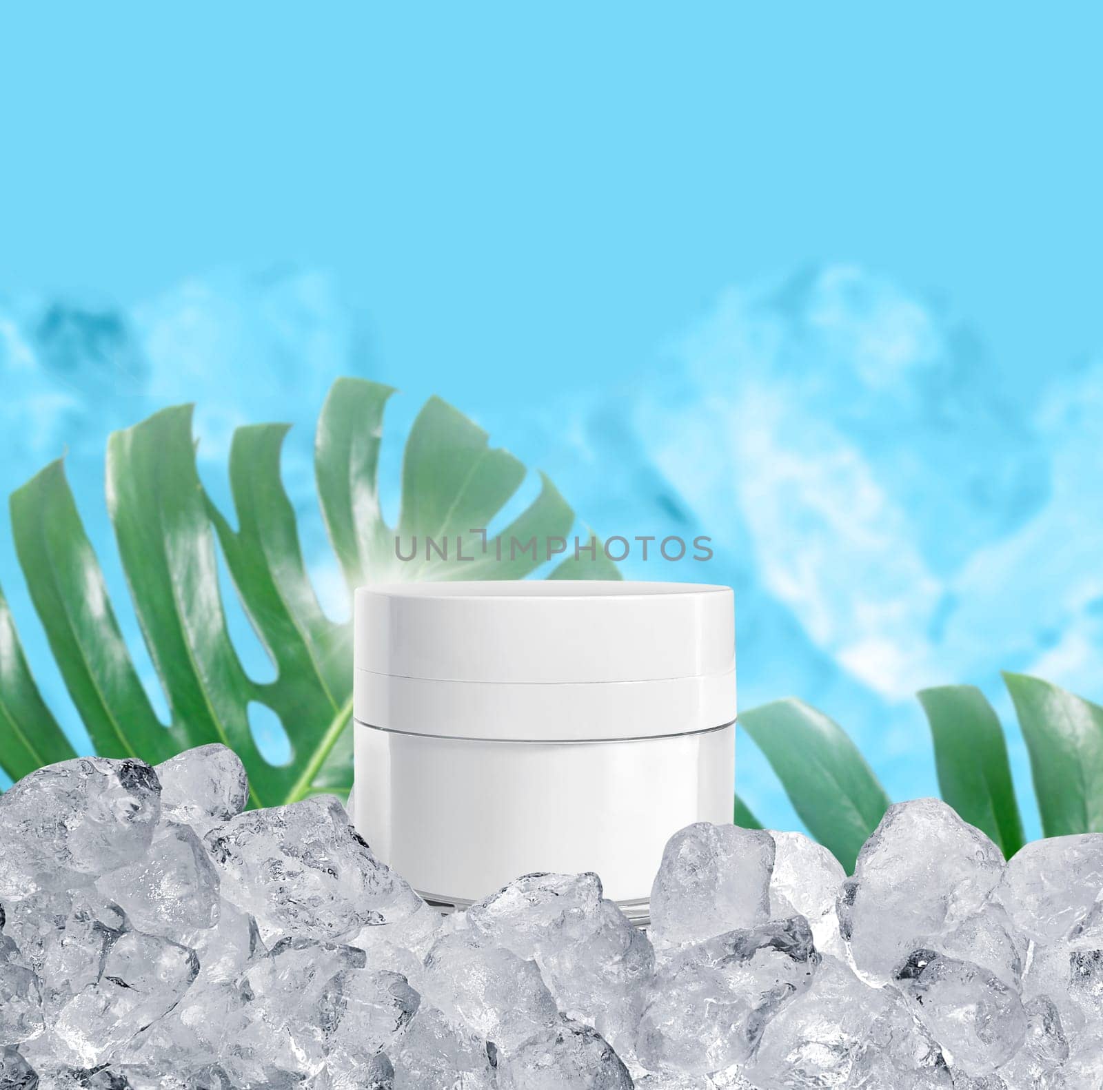 Whitening cream in a glistening white spherical base packaging with ice cubes on blue background and tropical plants, for cosmetic advertisements