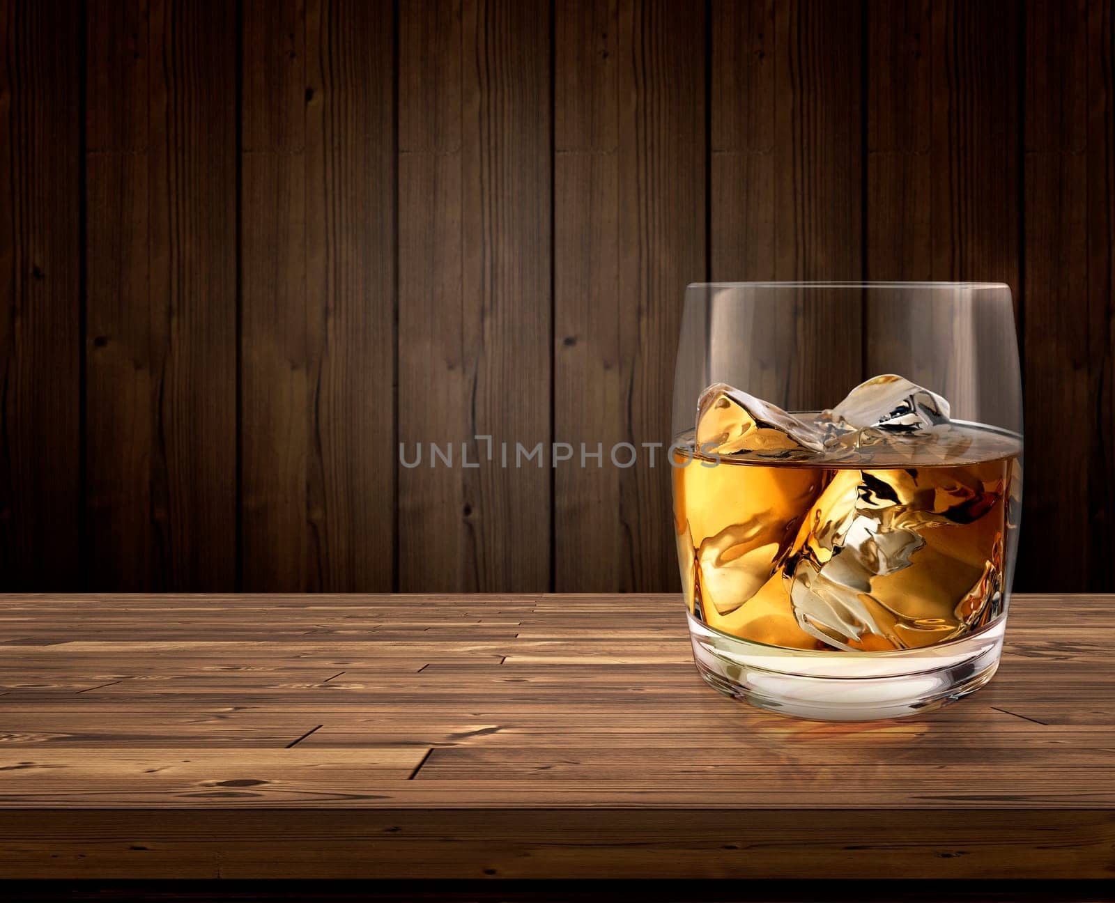 Whiskey and ice on a wooden table. 3d render