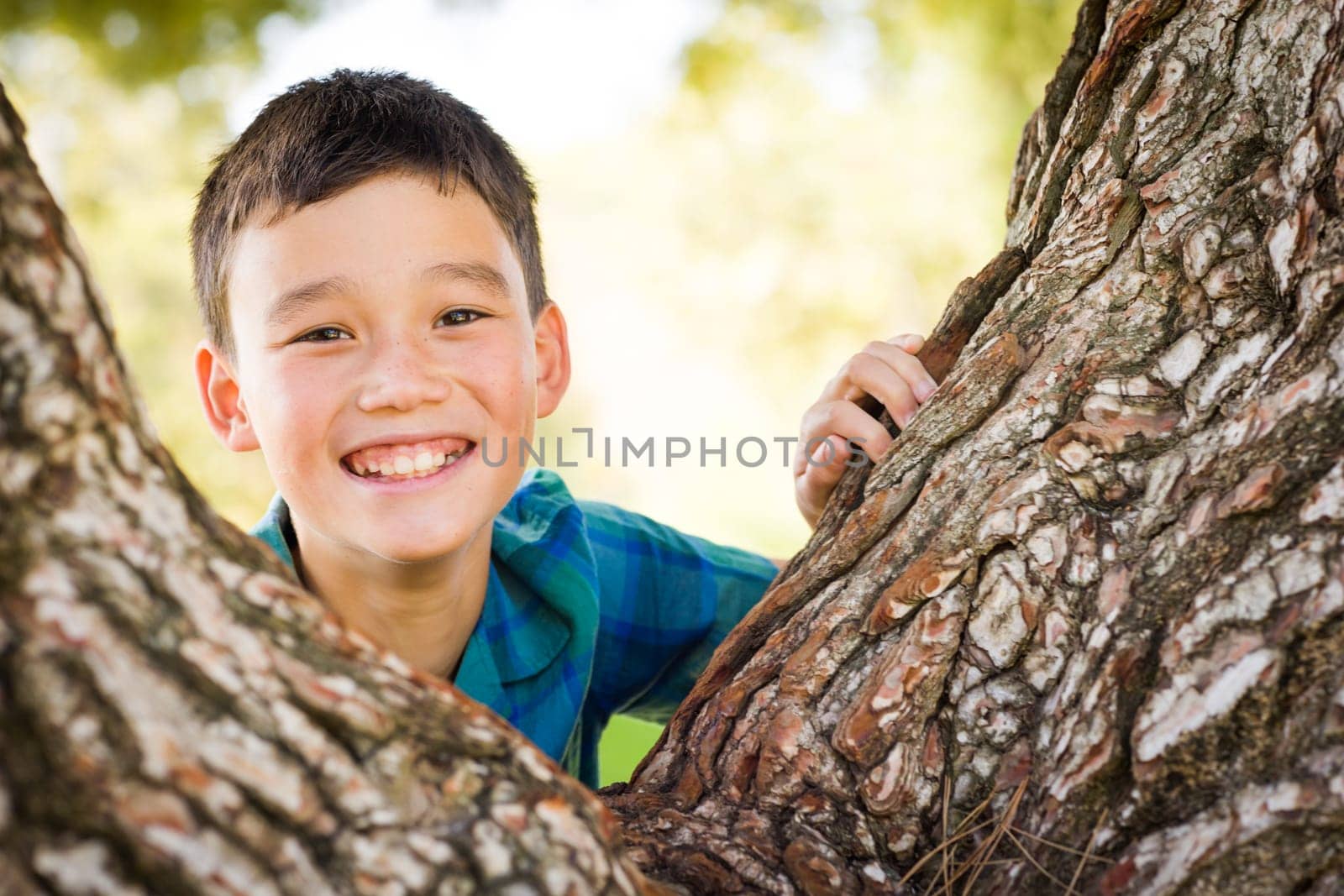 Outdoor portrait of a biracial Chinese and Caucasian boy.