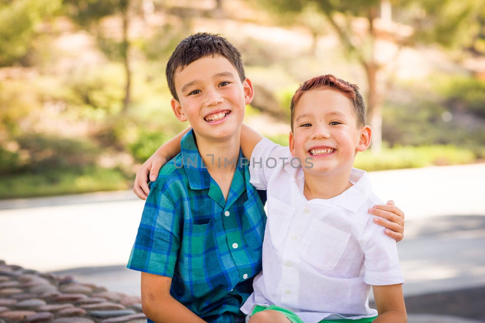 Outdoor portrait of biracial Chinese and Caucasian brothers.