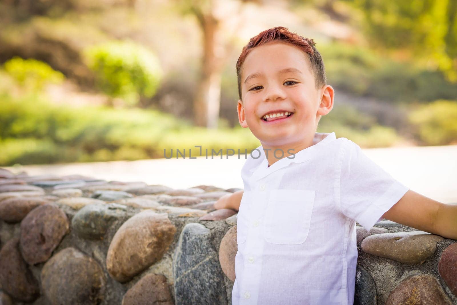Outdoor portrait of a biracial Chinese and Caucasian boy.