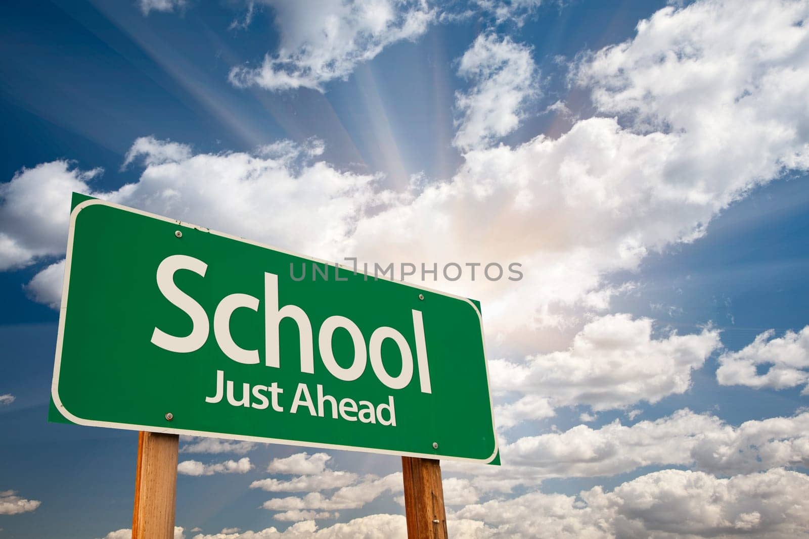 School Just Ahead Green Road Sign