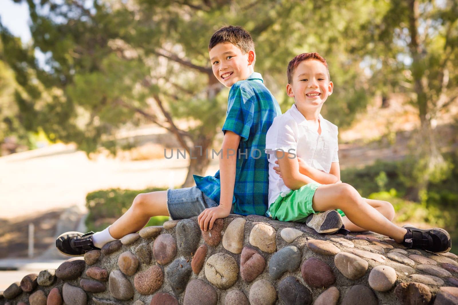 Outdoor portrait of biracial Chinese and Caucasian brothers.