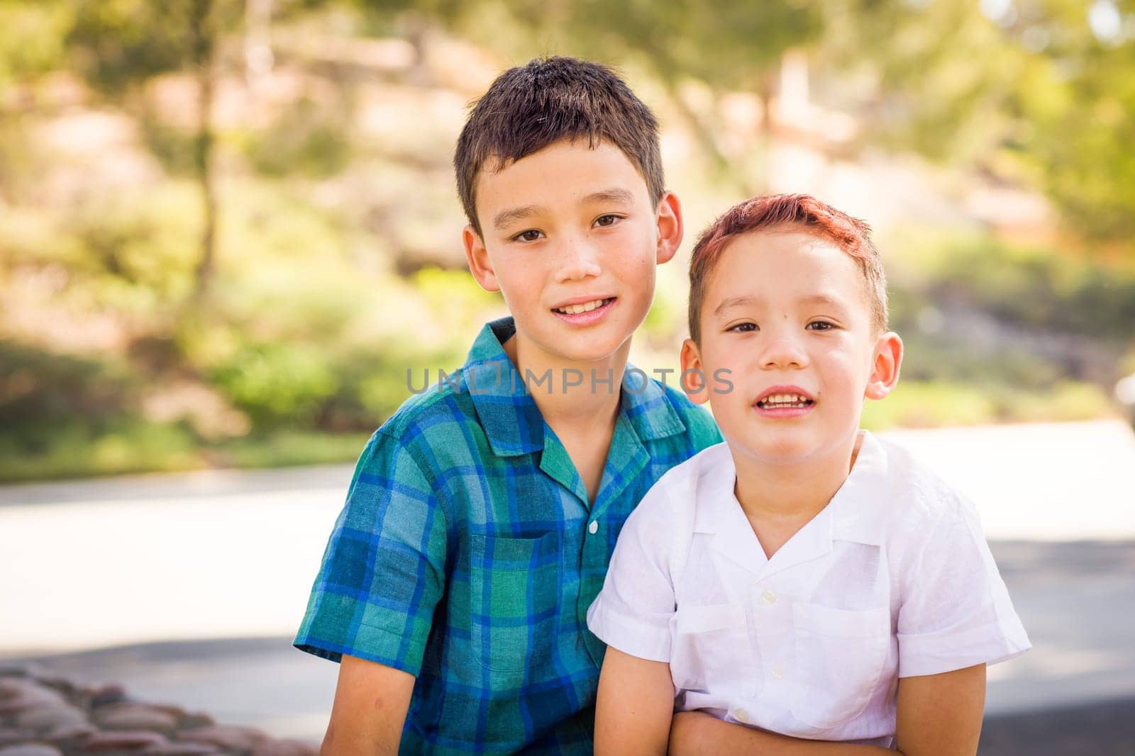 Outdoor portrait of biracial Chinese and Caucasian brothers.