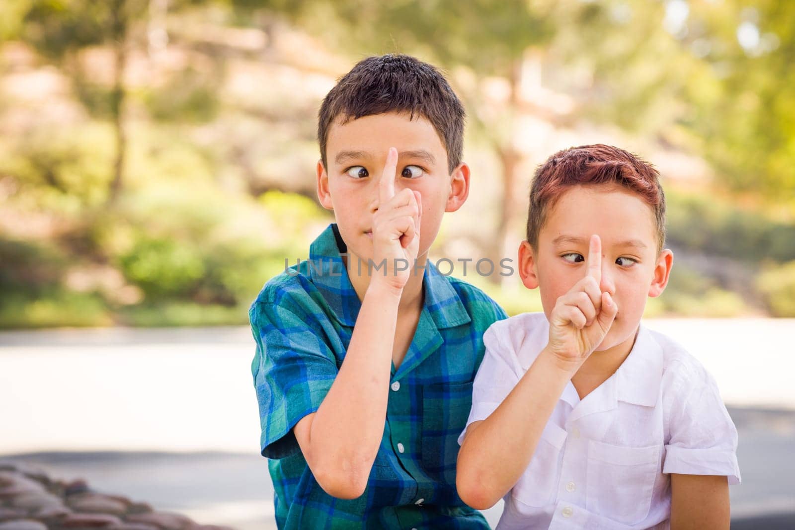 Outdoor portrait of biracial Chinese and Caucasian brothers having fun.