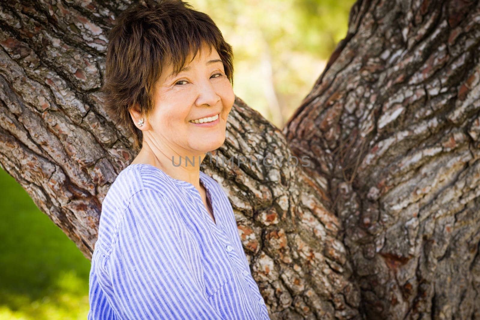 Outdoor portrait of a happy senior adult Chinese woman.