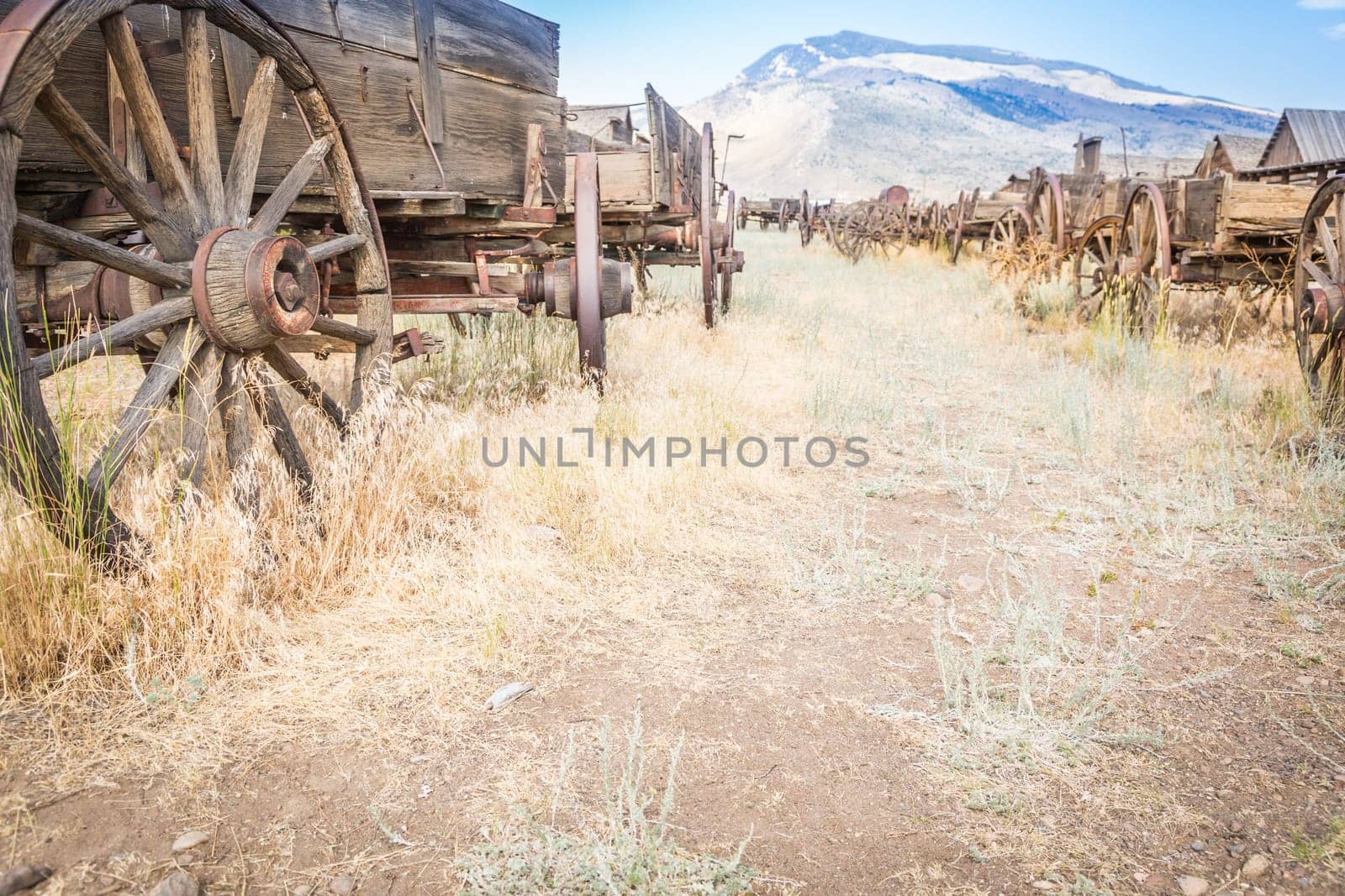 Abstract of Vintage Antique Wood Wagons and Wheels.