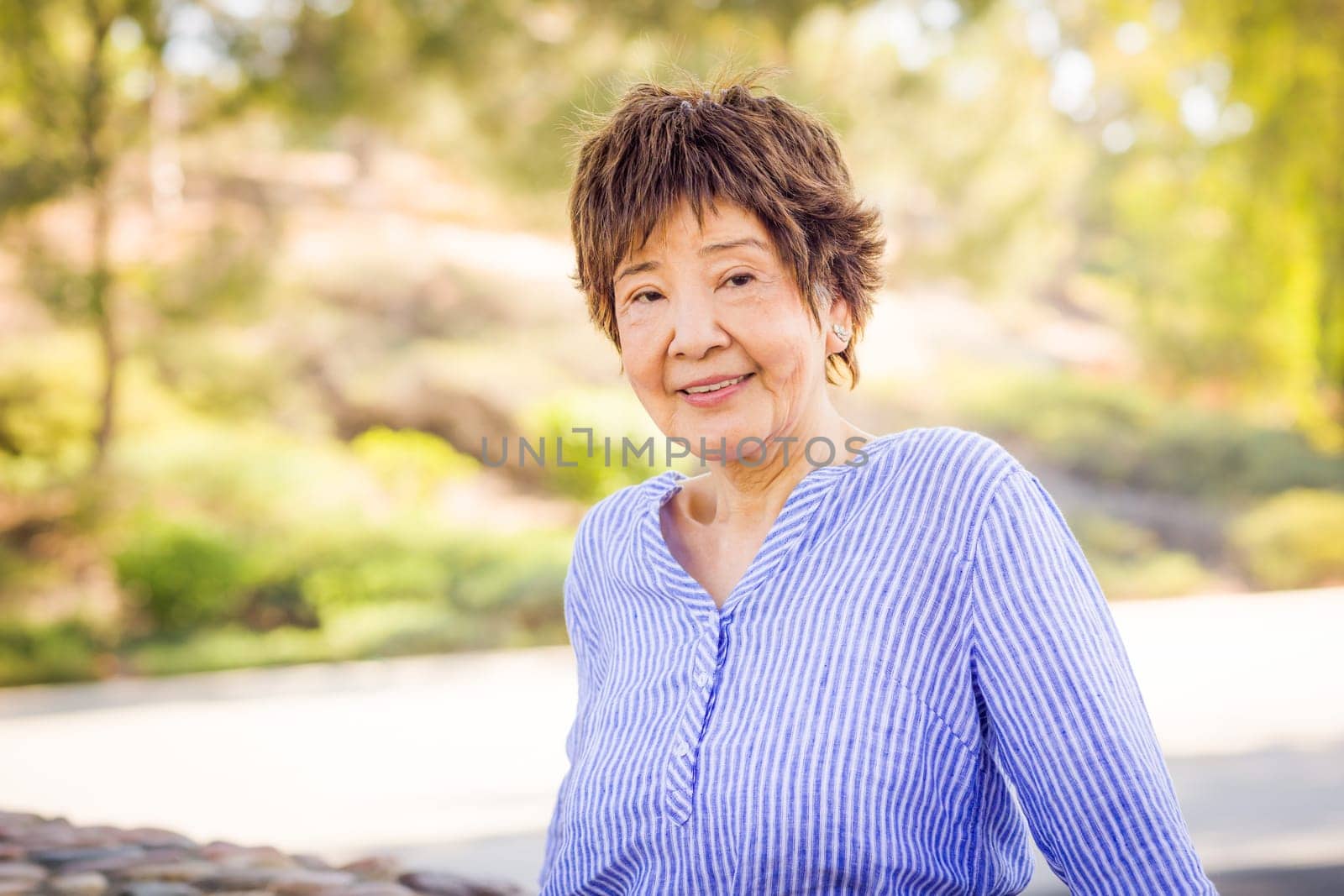 Outdoor portrait of a happy senior adult Chinese woman.