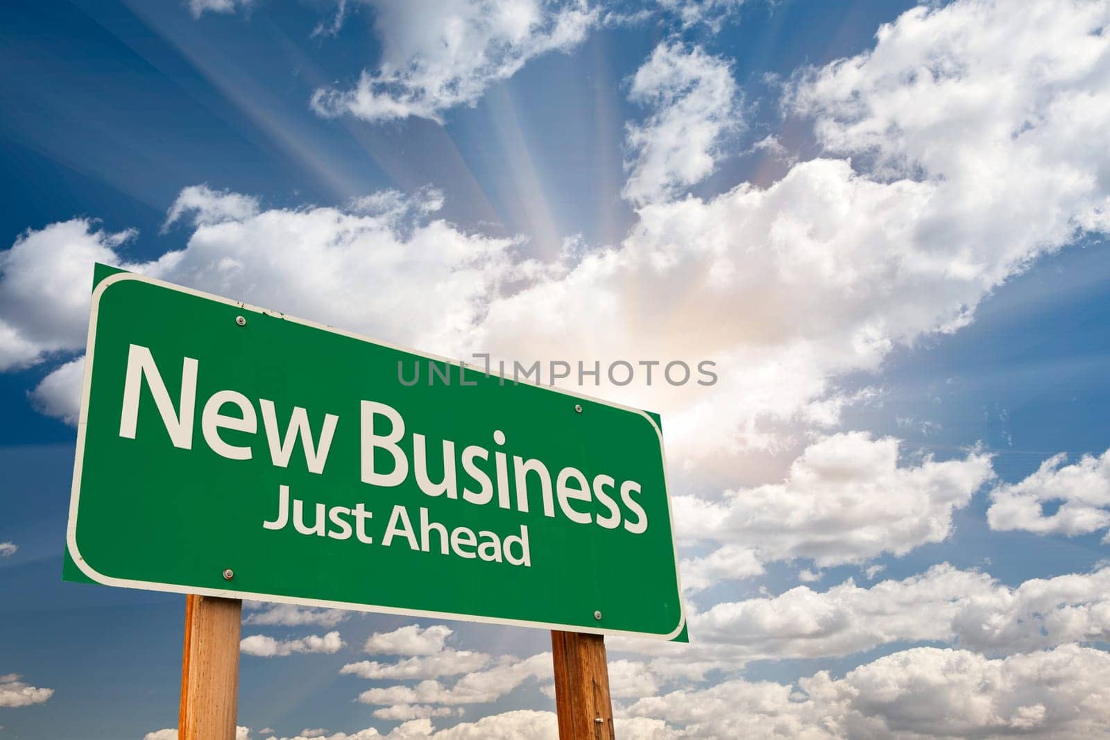 New Business Green Road Sign Over Sunny Dramatic Clouds and Sky.