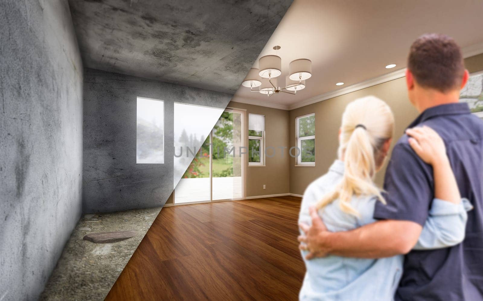 Young Adult Couple Looking At Before and After Remodelling of Empty Room In House.