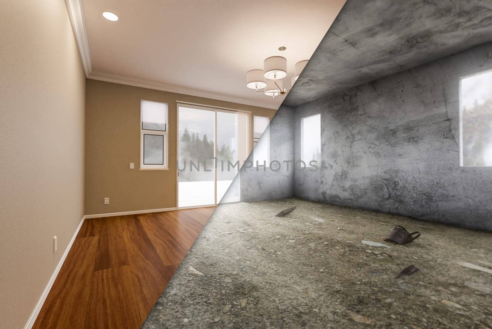 Unfinished Raw and Newly Remodeled Room Of House with Finished Wood Floors, Moulding, Paint and Ceiling Lights.