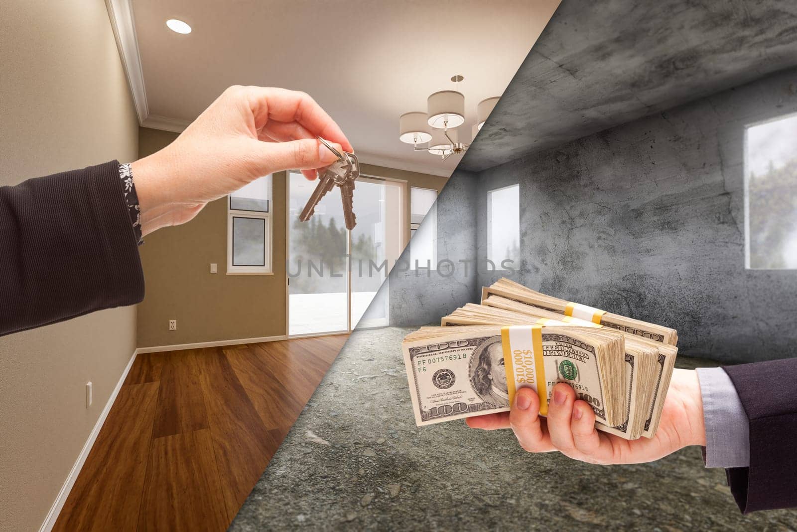 Agent Handing Over House Keys for Cash in Newly Remodeled and Raw Unfinished Room of House Comparison.