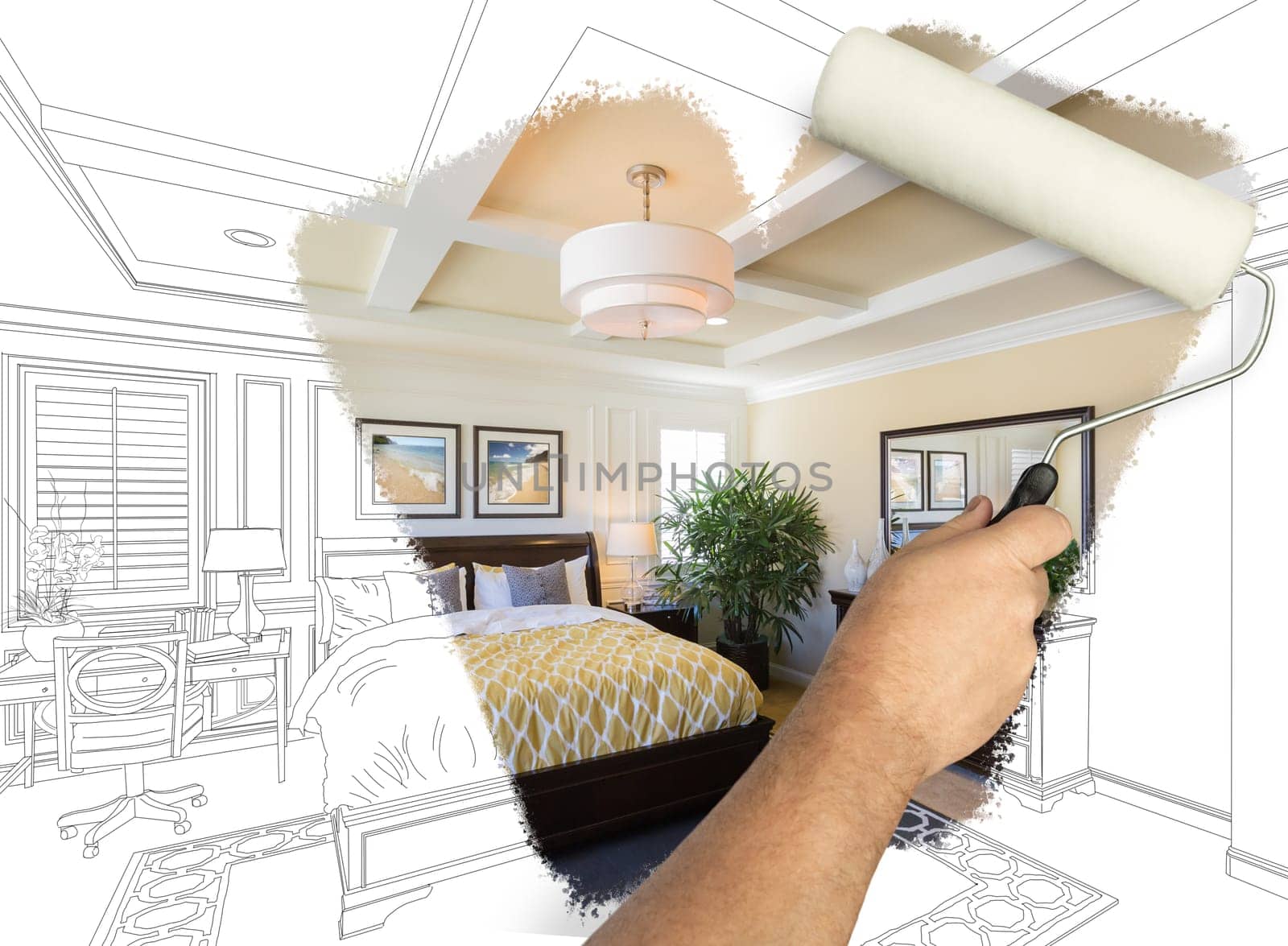 Before and After of Man Painting Roller to Reveal Newly Remodeled Master Bedroom Under Pencil Drawing Plans.