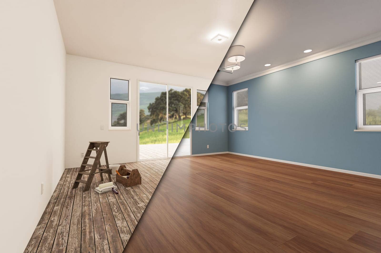 Unfinished Raw and Newly Remodeled Room of House Before and After with Wood Floors, Moulding, Blue Paint and Ceiling Lights.