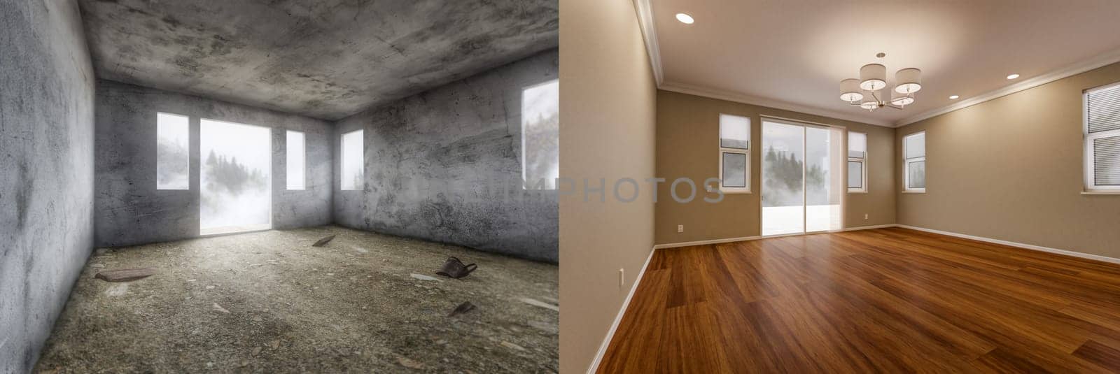 Before and After of Unfinished Raw and Newly Remodeled Room Of House with Finished Wood Floors, Moulding, Paint and Ceiling Lights.